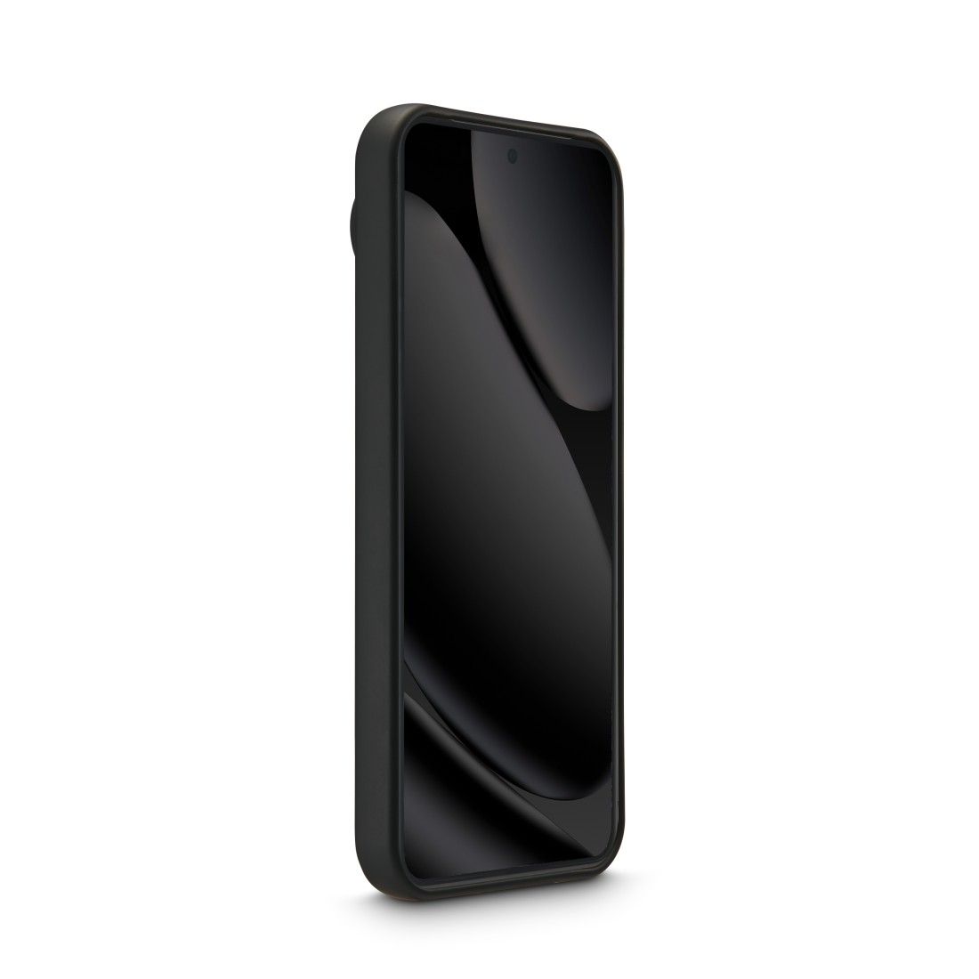 Ein schwarzes Smartphone mit dunklem Bildschirm und einem schwarzen Gehäuse.