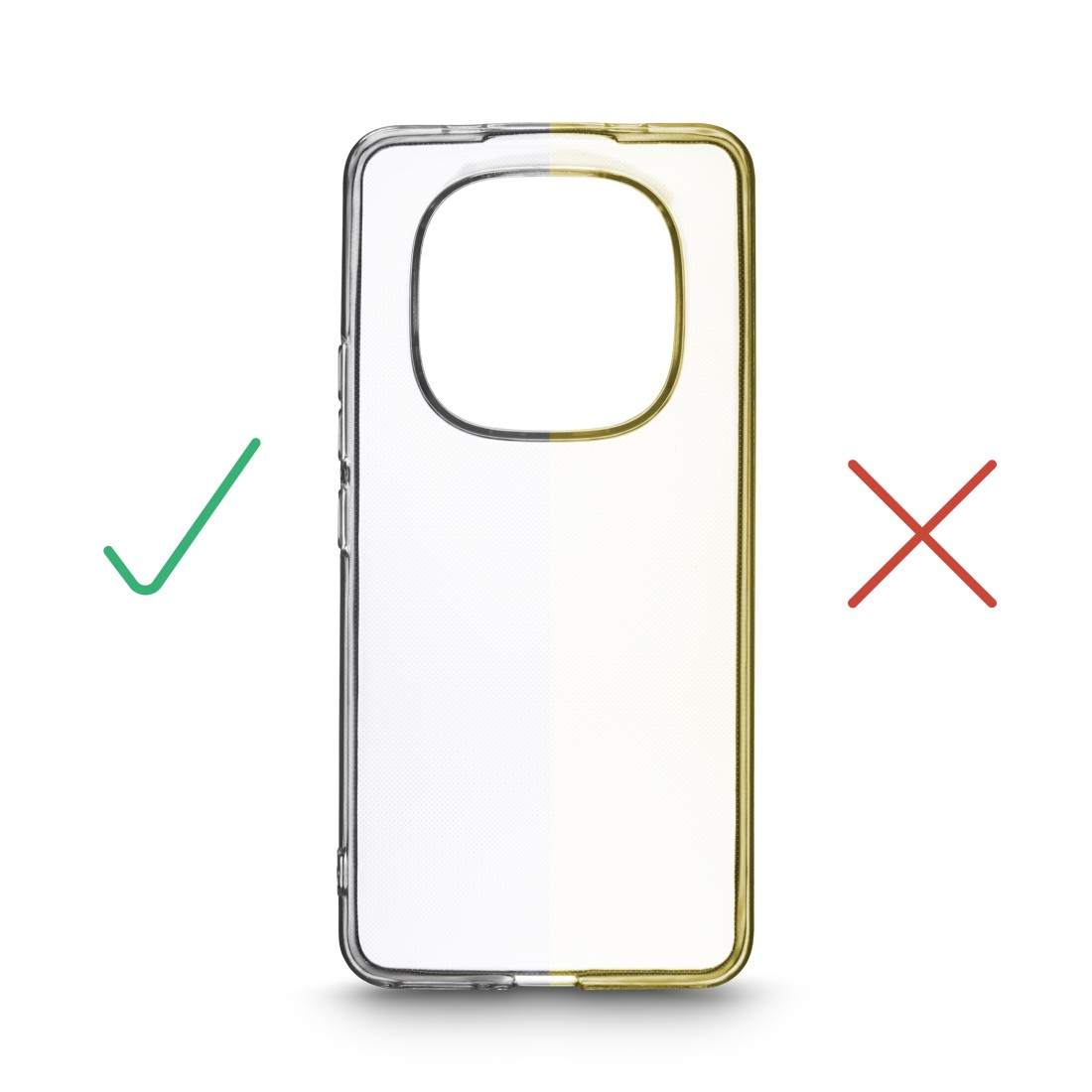 Transparente Handyhülle mit grüner Markierung links, rotem Kreuz rechts.