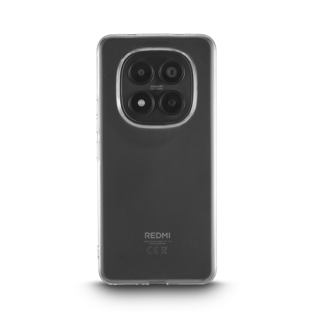 Rückseite eines transparenten Handys mit vier Kameras und Redmi-Logo.