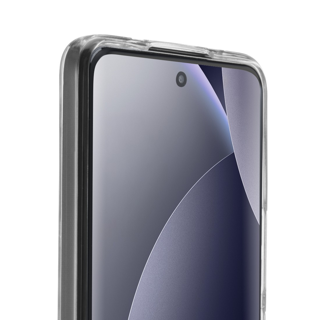 Nahaufnahme einer transparenten Handyhülle mit einem Smartphone darin.