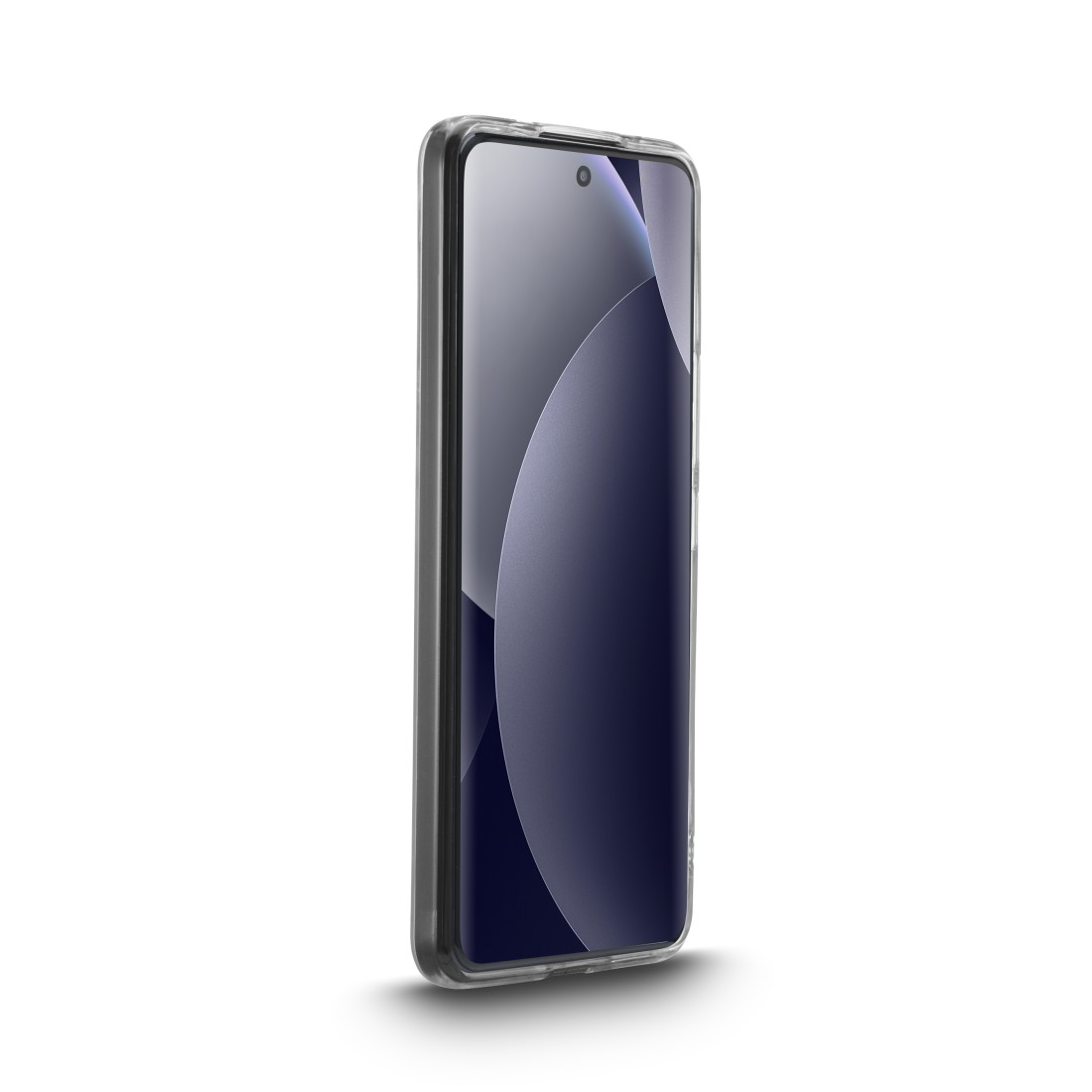 Ein Smartphone mit einem transparenten Gehäuse, das auf weißem Hintergrund steht.