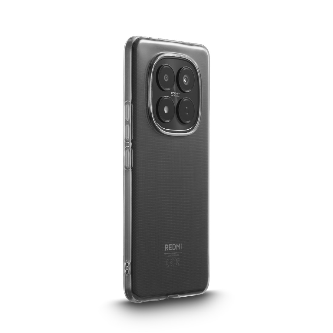 Ein klarer Handyhülle mit vier Kameras auf der Rückseite eines dunklen Telefons.