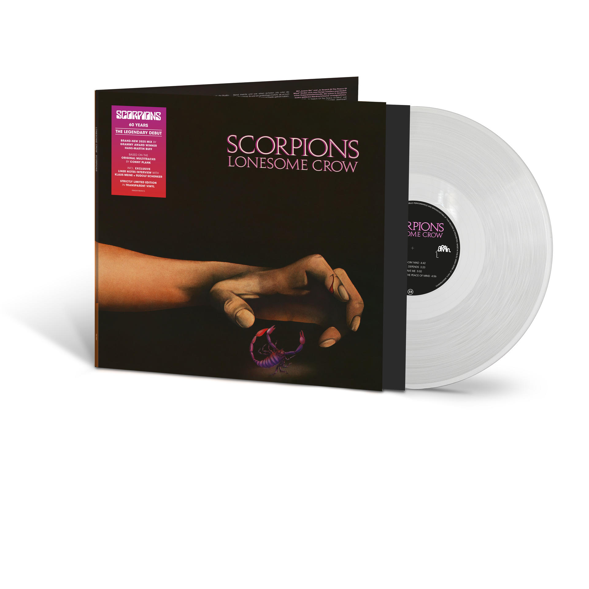 Scorpions Lonesome Crow Vinyl: Hand met schorpioen, transparante vinylplaat.