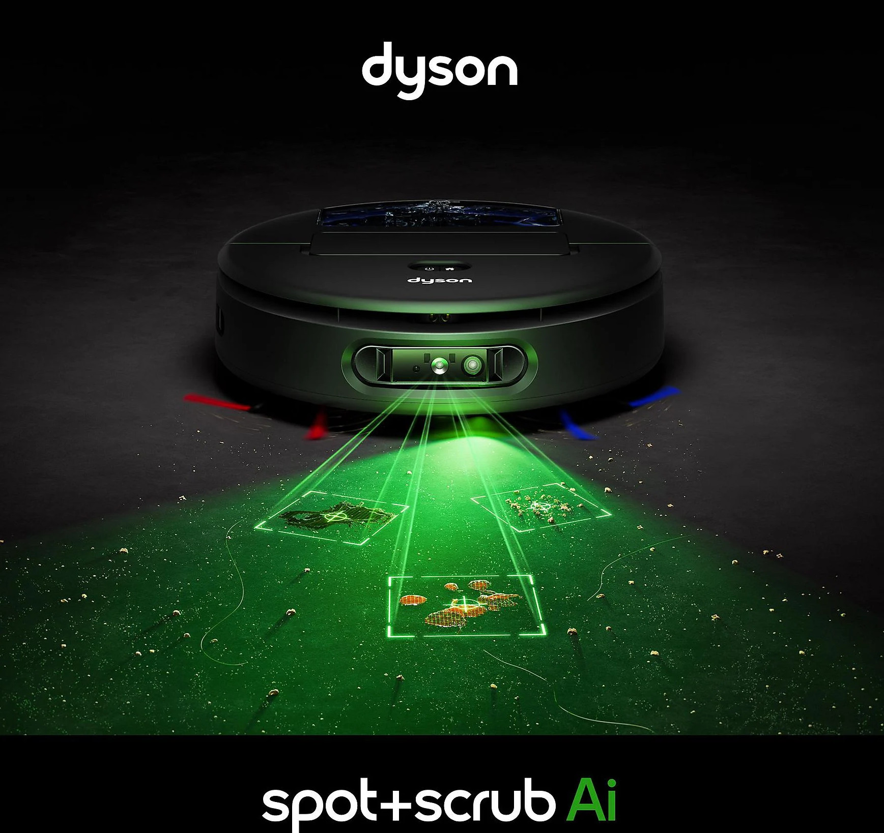 Czarny robot sprzątający Dyson czyści podłogę zielonymi laserami.