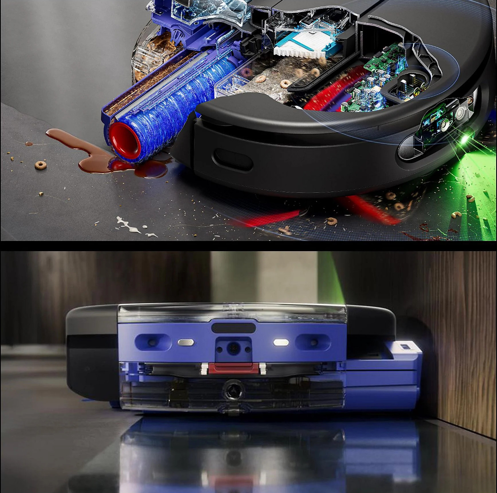 Przekrój odkurzacza robota pokazujący szczotkę, zanieczyszczenia i płyn.