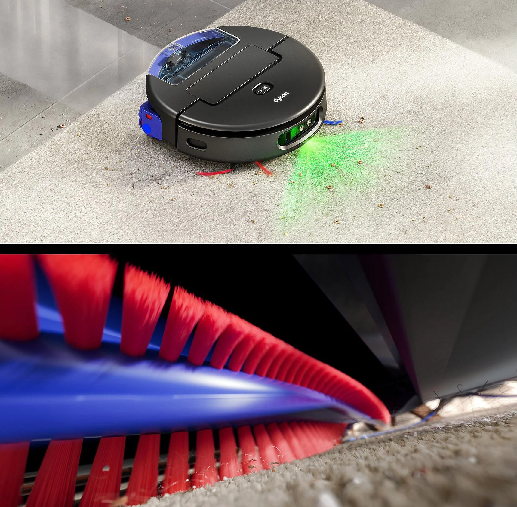 Czarny robot sprzątający czyści dywan, emitując zielone światło.