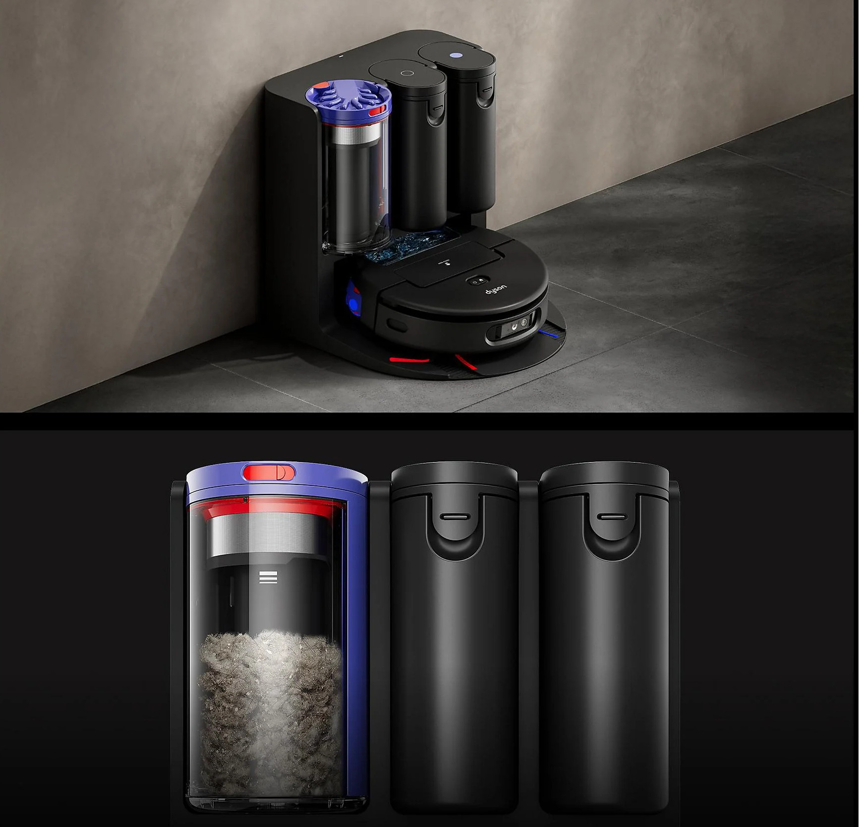 Czarny robot sprzątający znajduje się na stacji ładującej z dwoma pojemnikami.