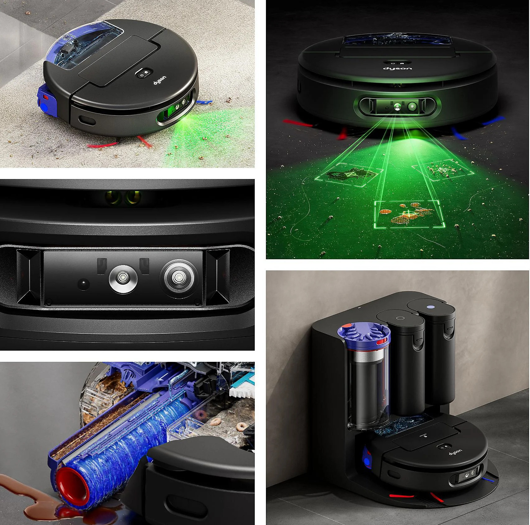 Okrągły czarny robot sprzątający z zielonymi laserami czyszczący dywan.