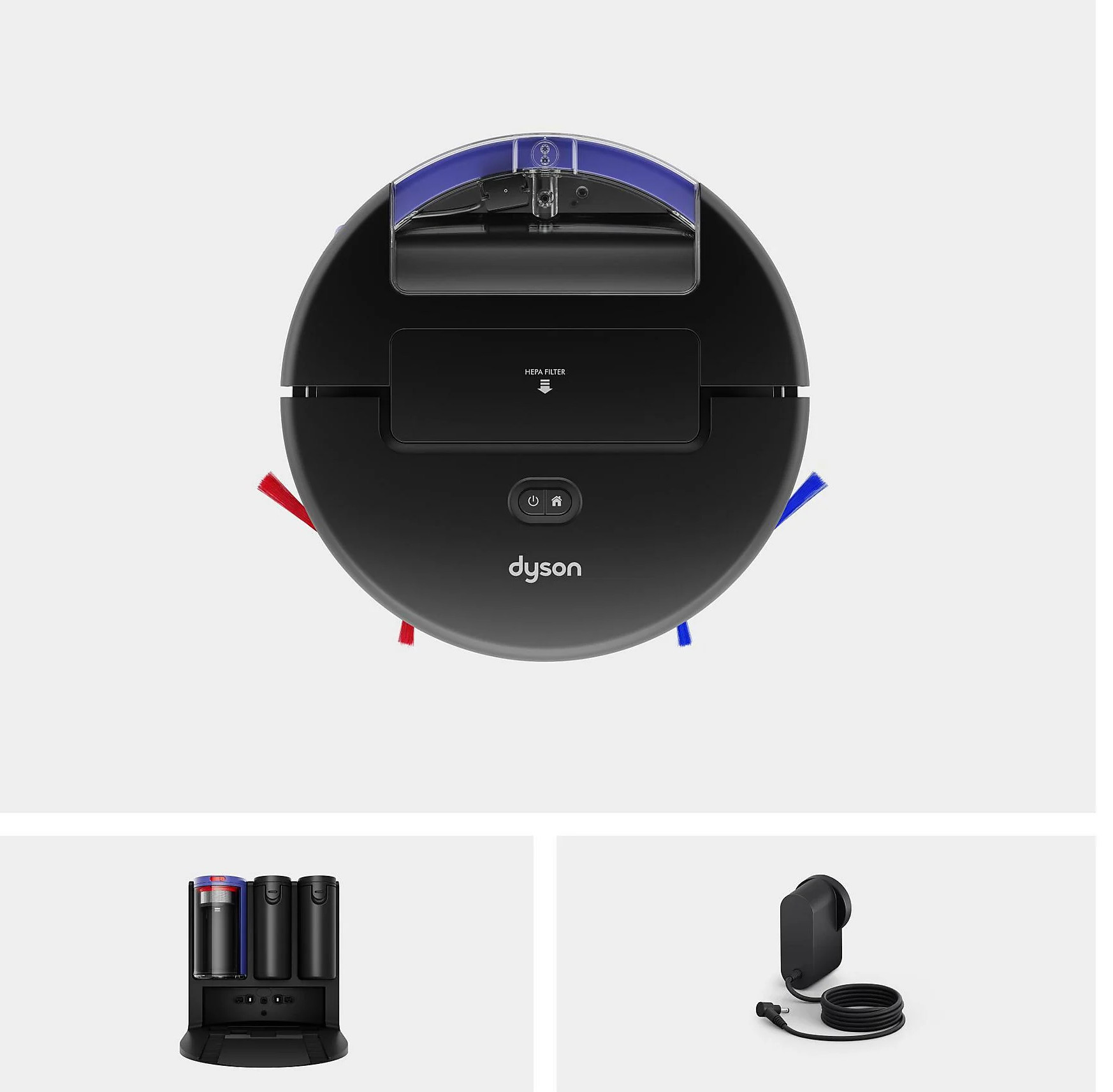 Czarny robot sprzątający Dyson z niebieskimi i czerwonymi szczotkami i stacją ładującą.