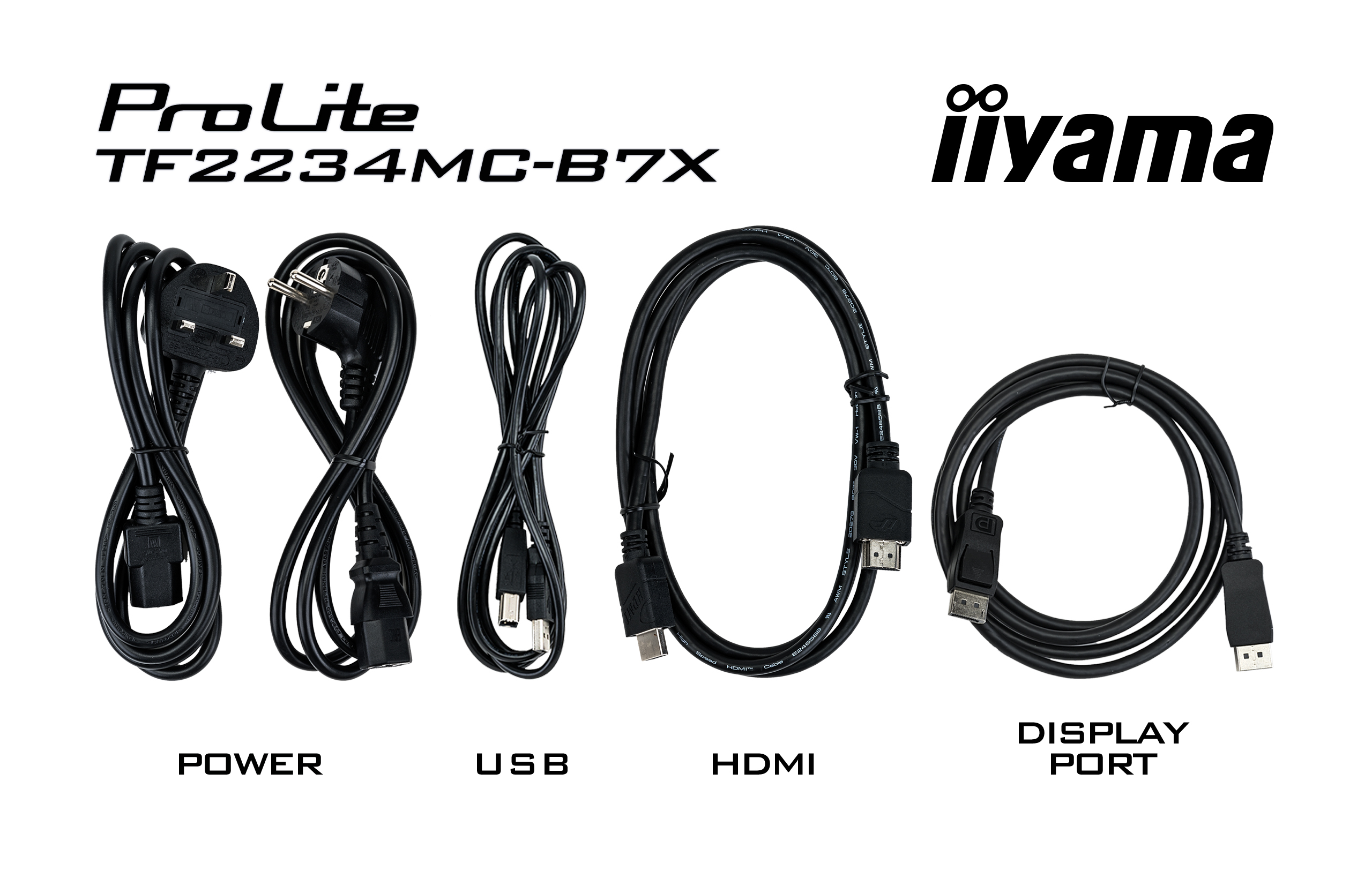 Fünf schwarze Kabel: Strom, USB, HDMI und DisplayPort.