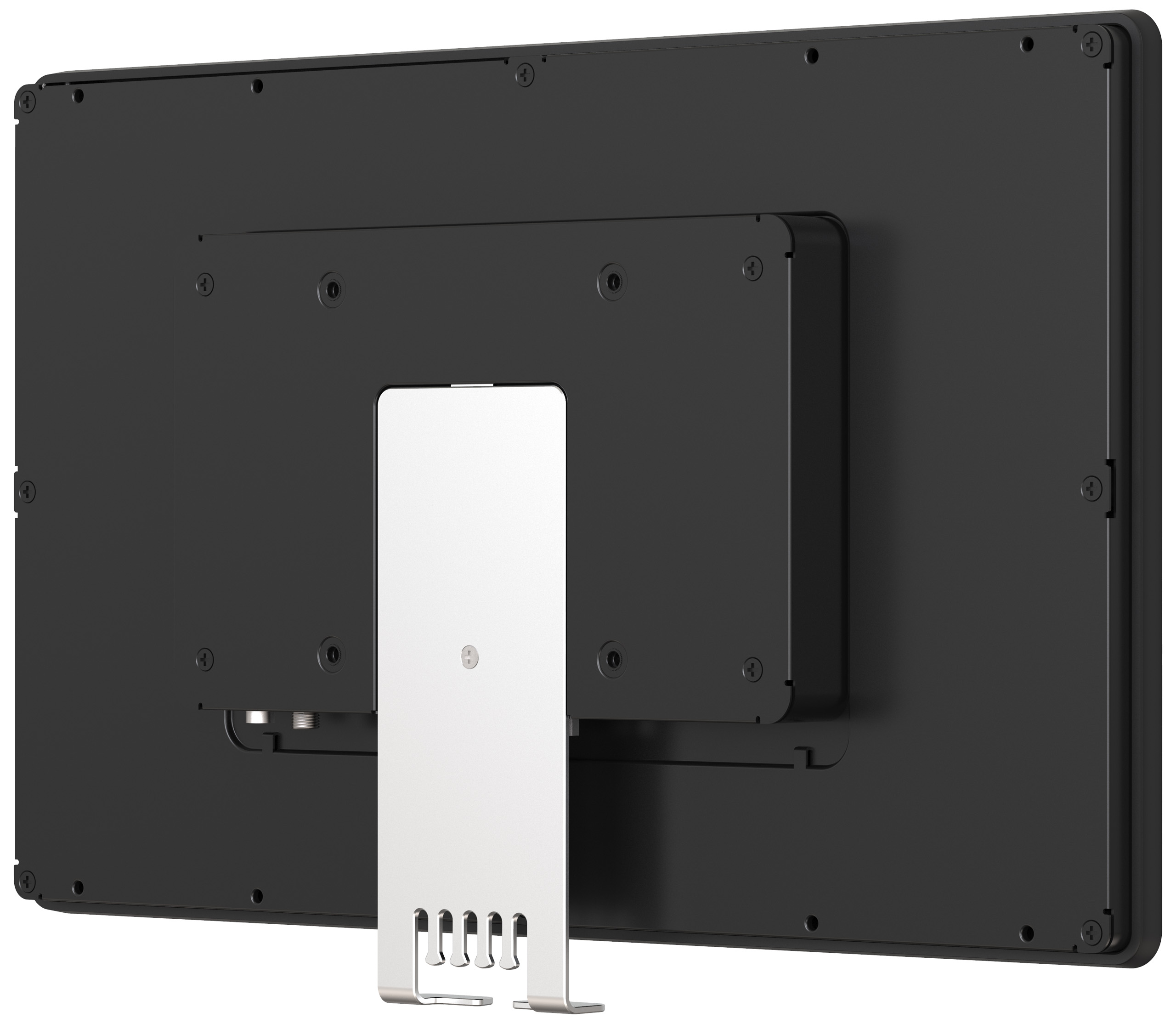 Rückseite eines schwarzen Monitors mit silbernem Ständer. Schrauben sind sichtbar.