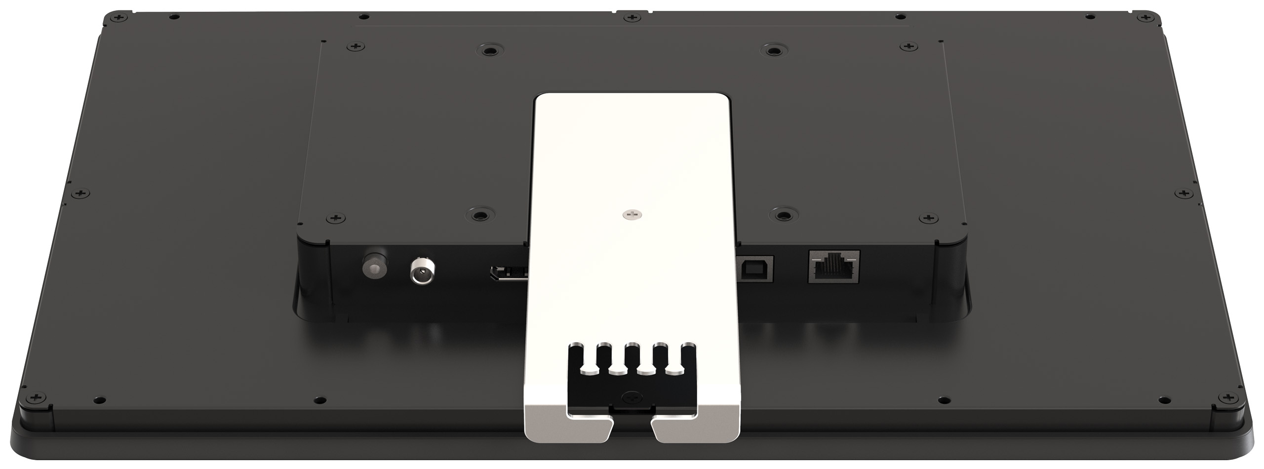 Rückseite eines schwarzen Monitors mit Ständer. Anschlüsse: USB, Ethernet, TV.