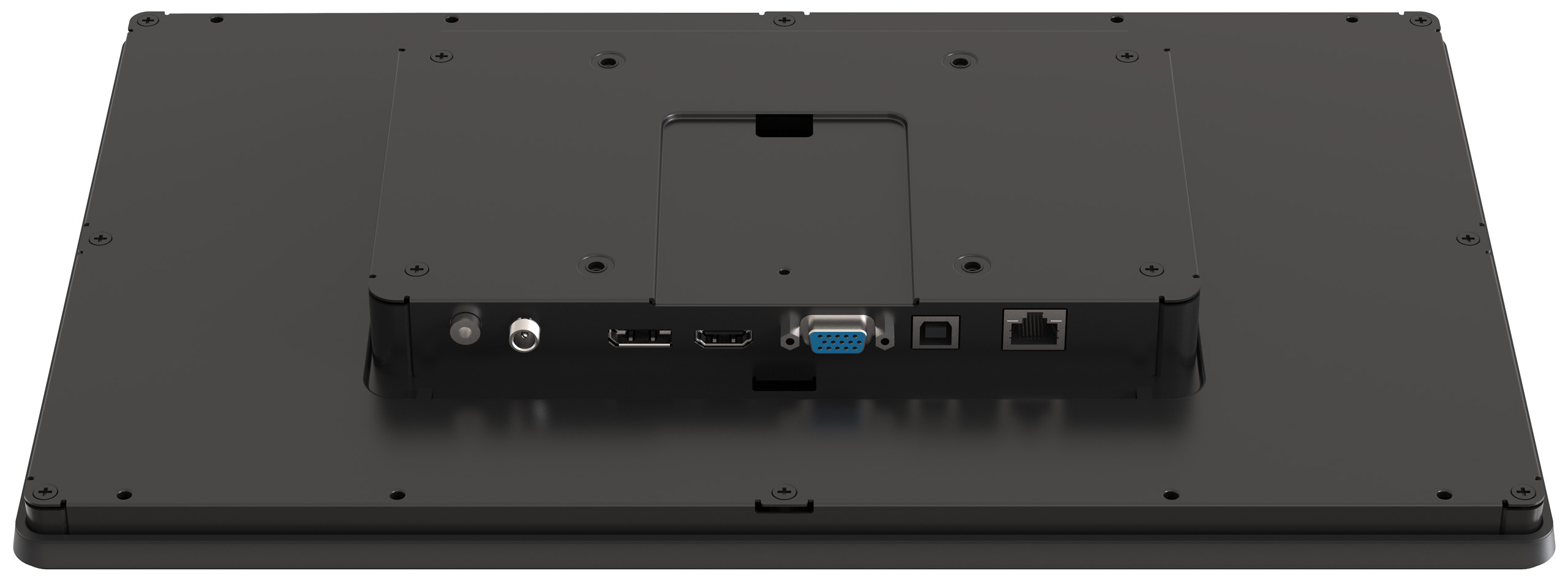 Rückseite eines schwarzen Monitors mit Anschlüssen: Antenne, HDMI, VGA, USB und LAN.