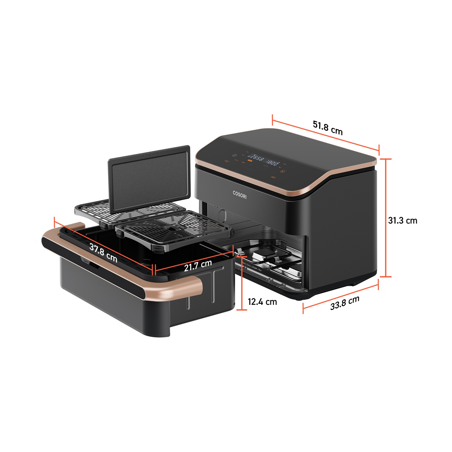 Una friggitrice ad aria Cosori nera con accessori e dimensioni.