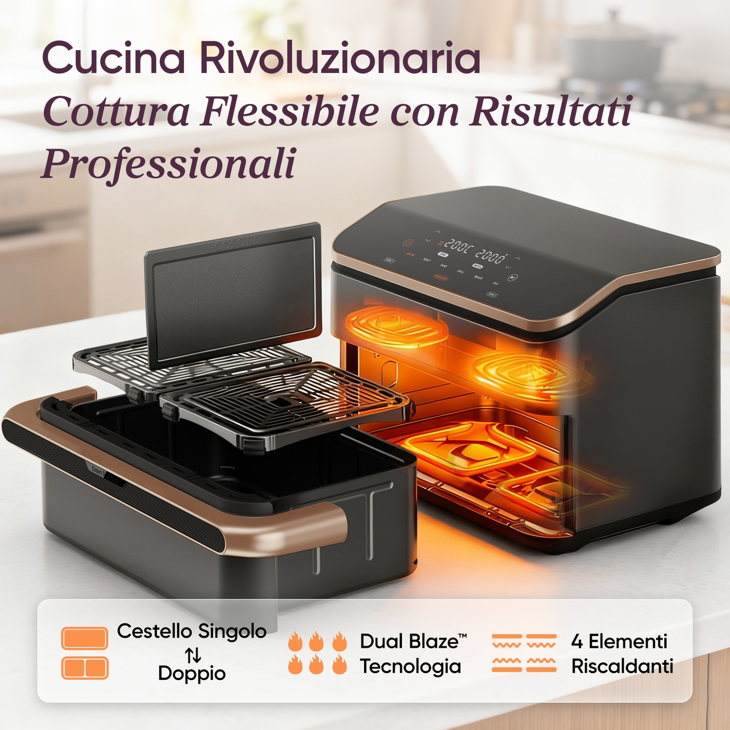 Un moderno forno friggitrice ad aria nero con accenti color rame e resistenze visibili.