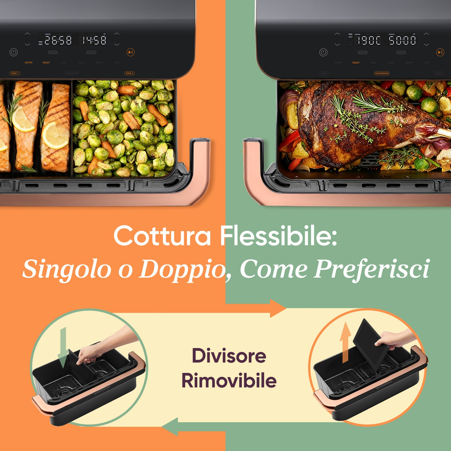 Doppio cestello friggitrice ad aria con salmone e verdure o arrosto.