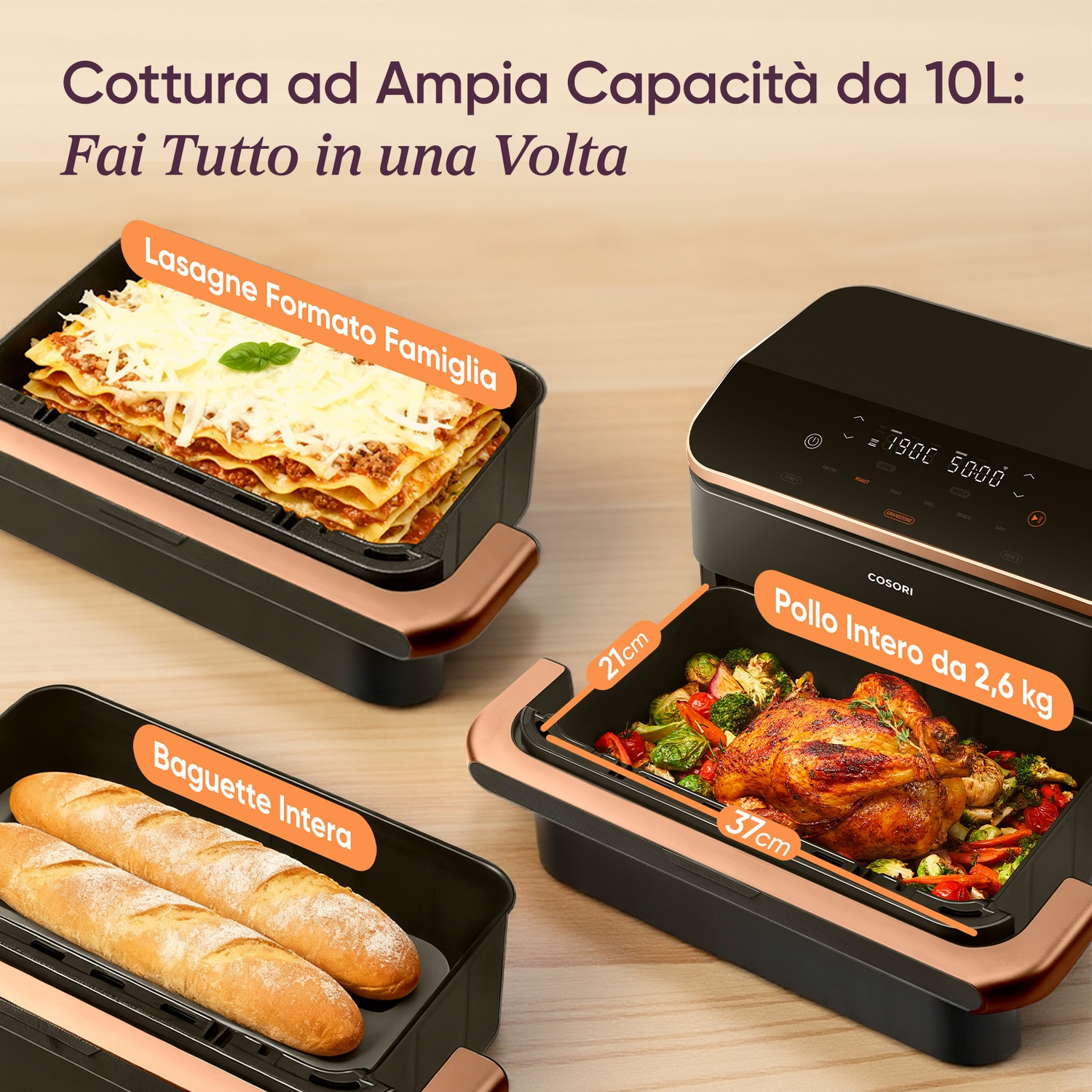 Un forno con pollo arrosto intero, verdure, lasagne e baguette.
