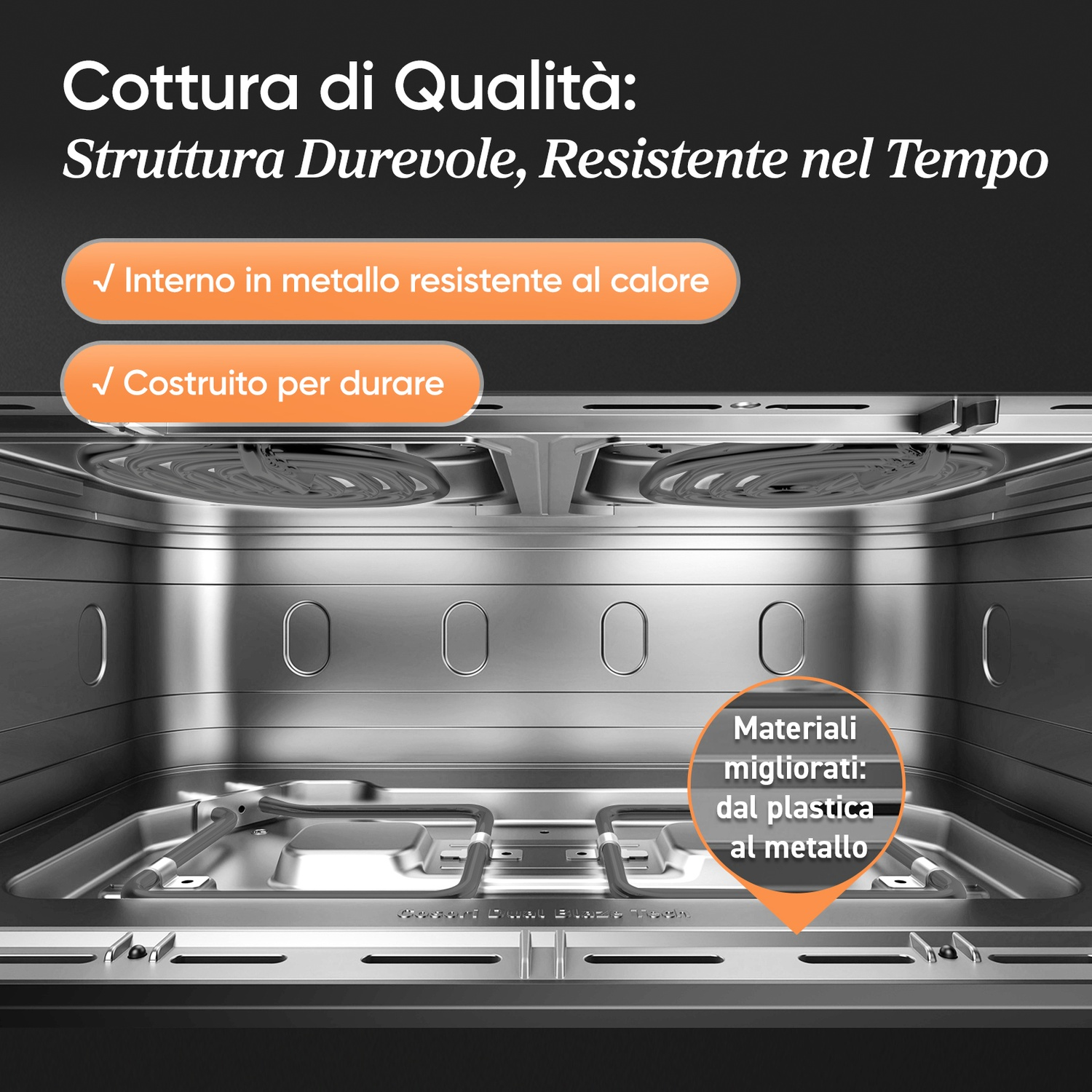 Interno di un forno con resistenze, pareti e fondo in metallo.