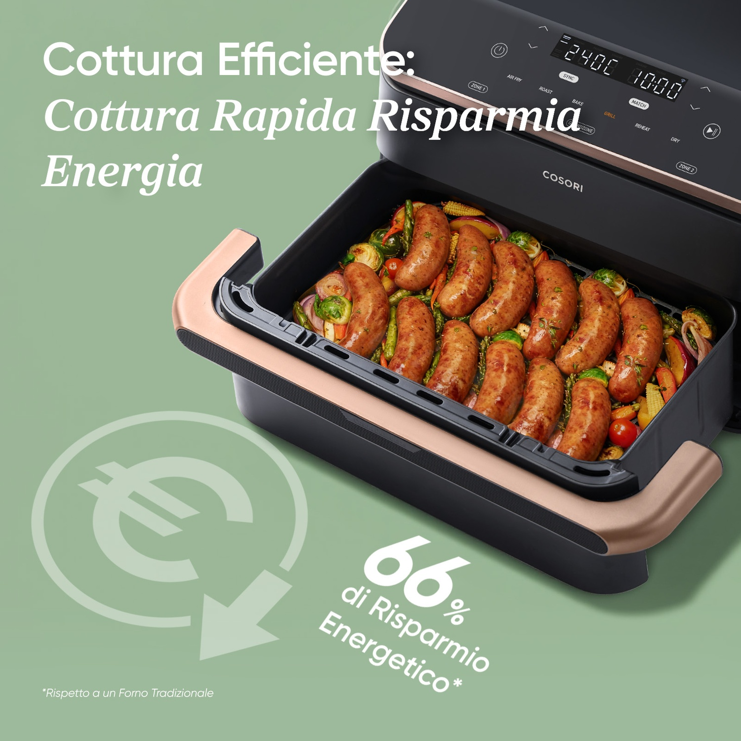 Una friggitrice ad aria Cosori con salsicce e verdure. Risparmio energetico del 66%.