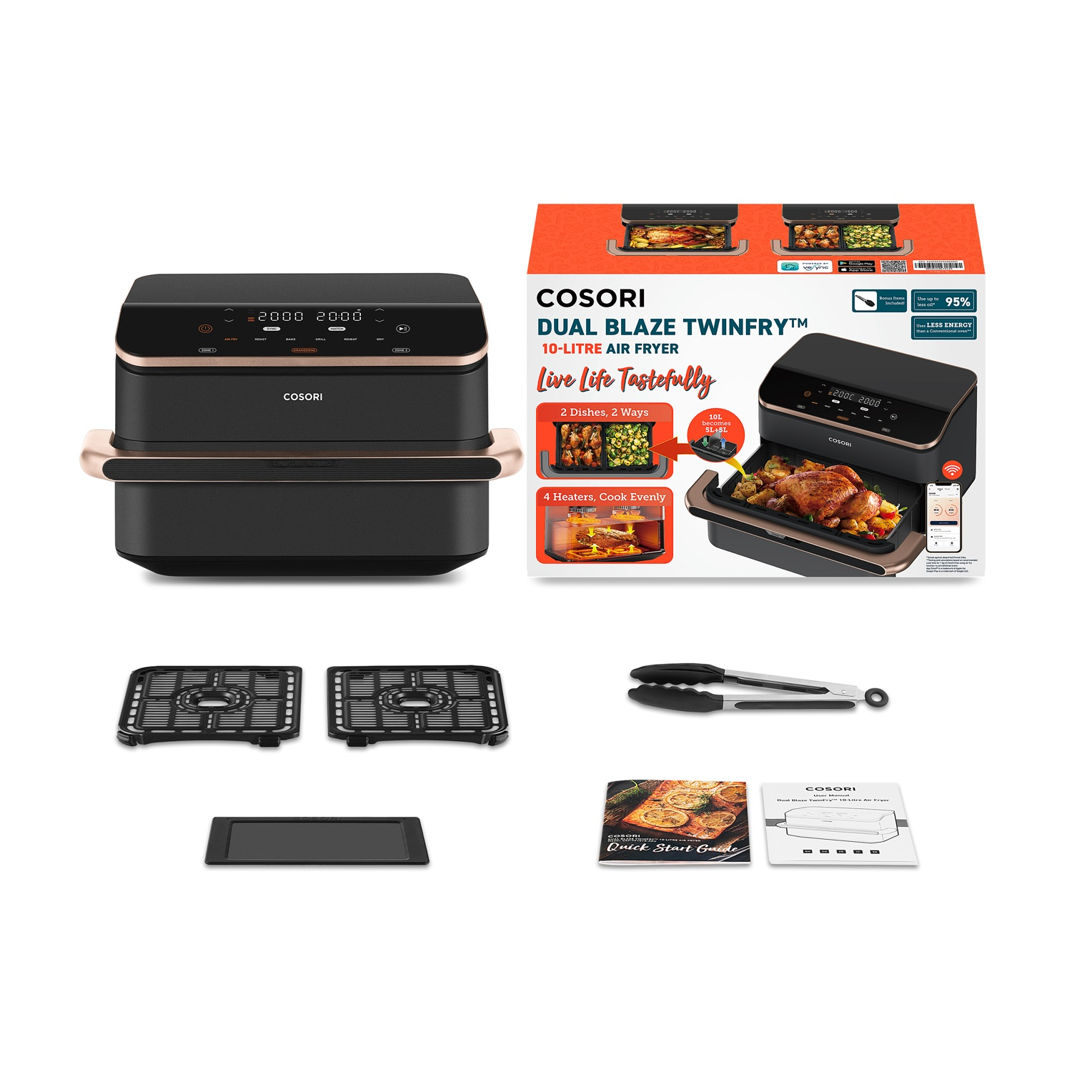 Una friggitrice ad aria Cosori Dual Blaze Twinfry 10L nera con accessori.