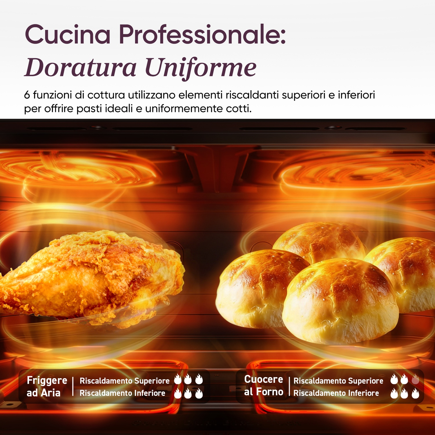 Pollo fritto croccante e quattro panini cotti in un forno.