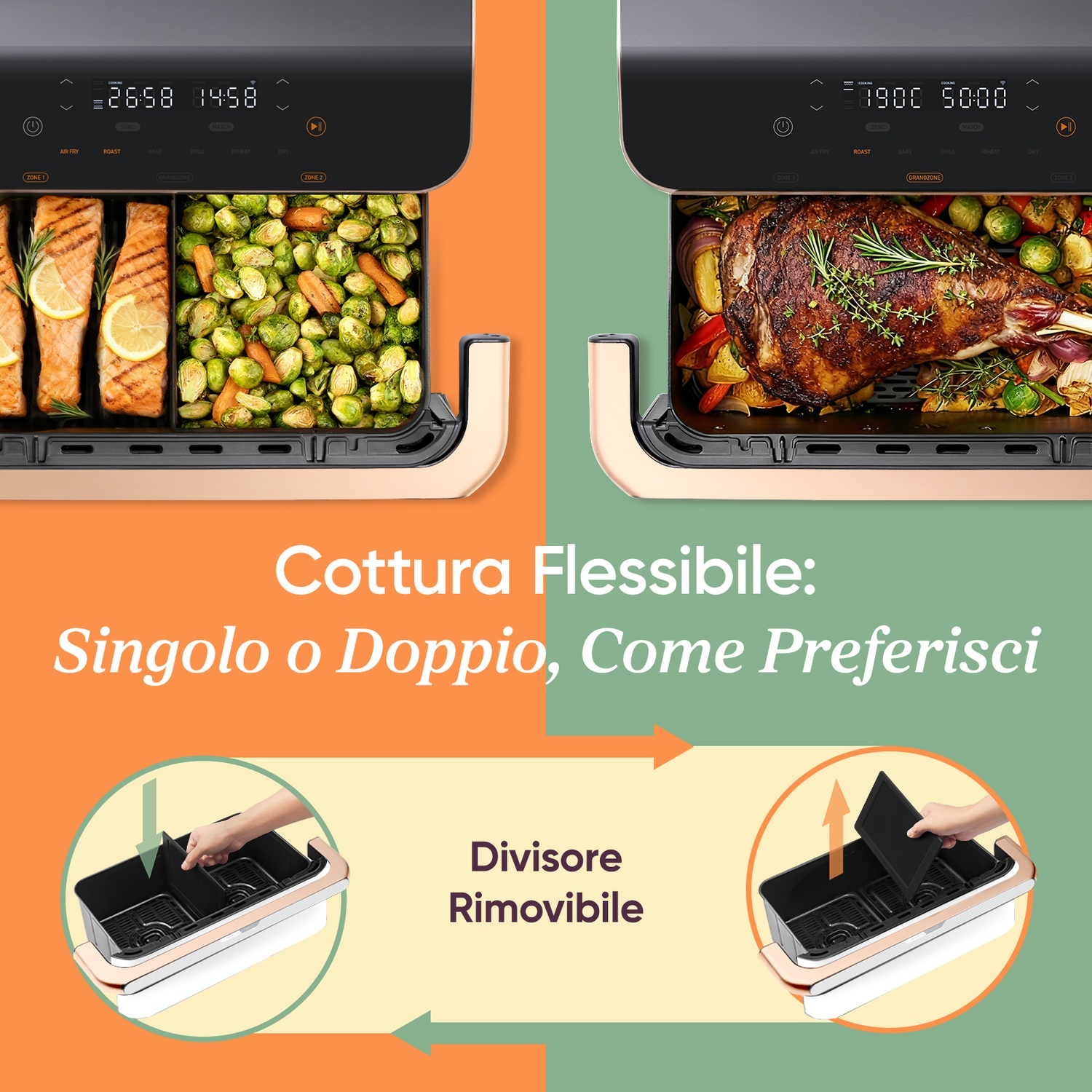 Due friggitrici ad aria, una con salmone e verdure, una con arrosto.
