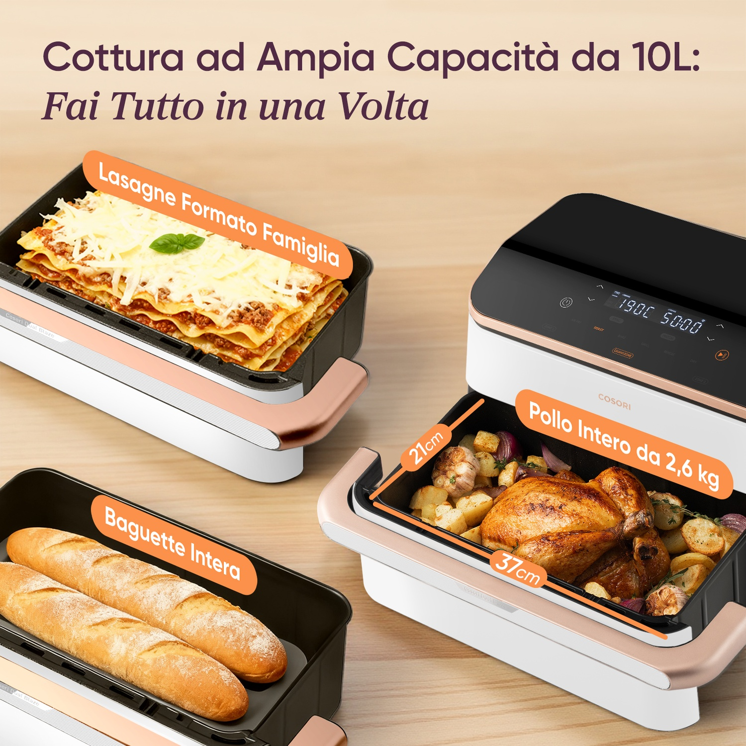 Un pollo intero con patate e lasagna, baguette in un apparecchio da cucina.