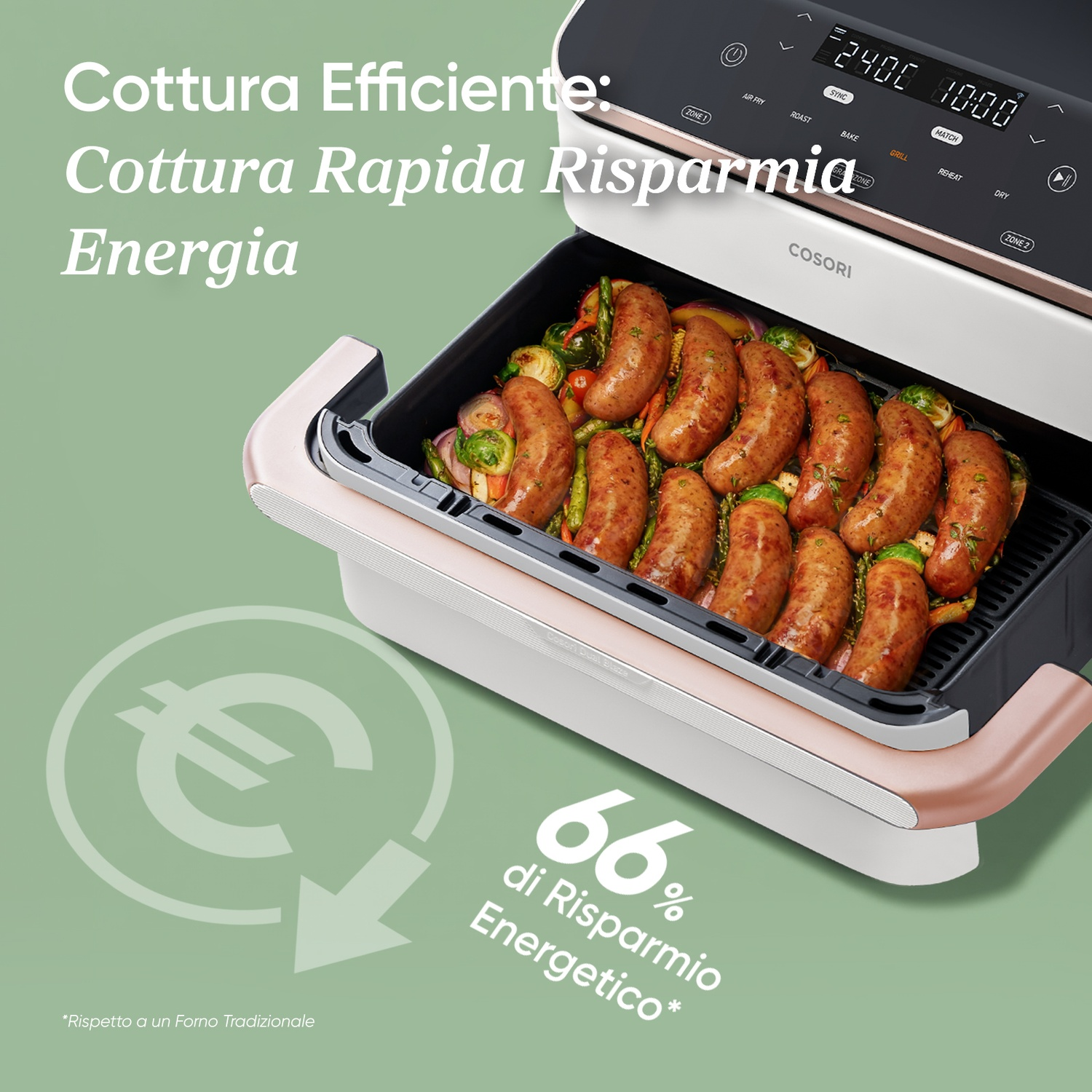 Friggitrice ad aria con salsicce e verdure, risparmio energetico del 66%.