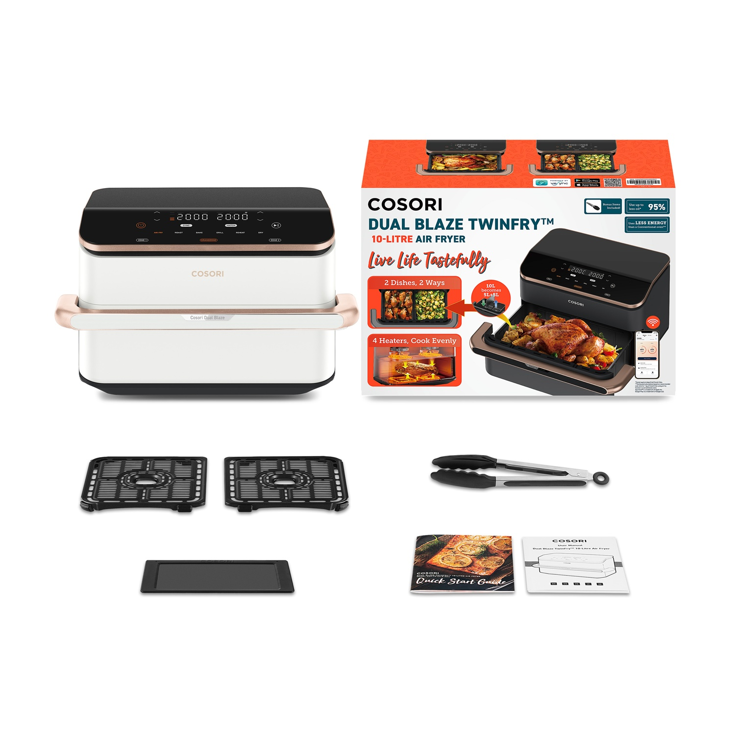 Friggitrice ad aria Cosori Dual Blaze Twinfry con accessori e confezione.