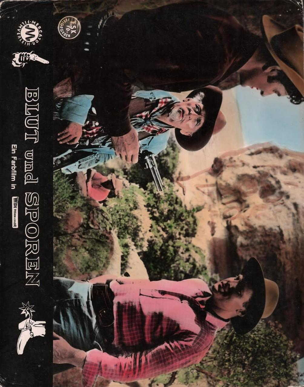 Western-Filmplakat mit drei Cowboys in einer felsigen Landschaft.