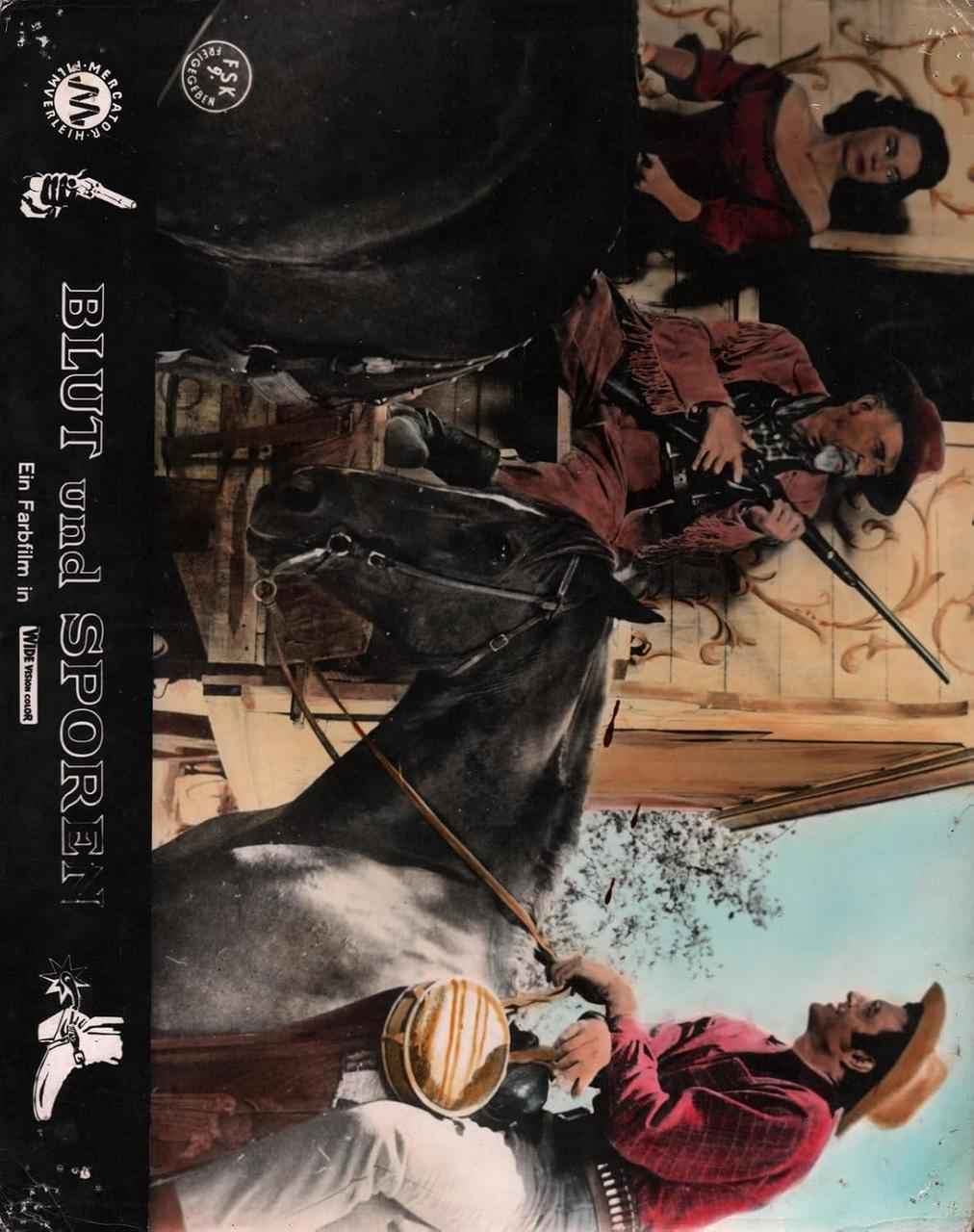 Western-Szene mit Reiter, Frau, Pferd und Gewehr. Blut und Sporen.
