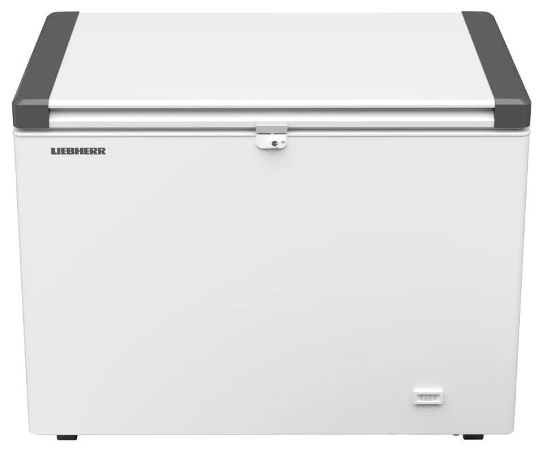Ein weißer Liebherr-Truhengefrierschrank mit grauen Akzenten an den Ecken.