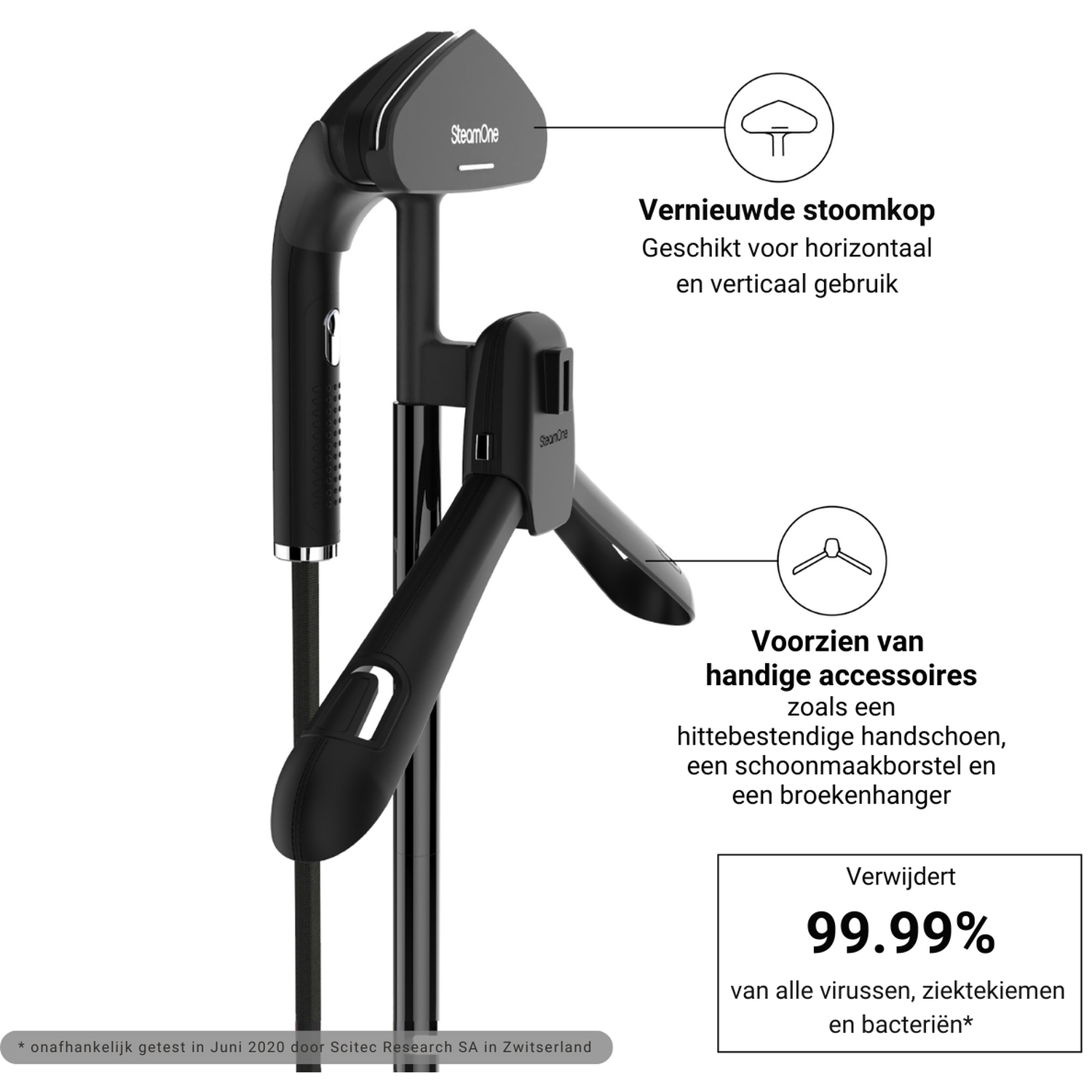 Een zwarte stoomreiniger met accessoires en 99,99% virusverwijdering.