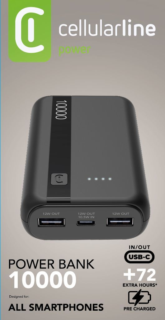 Packaging del power bank CellularLine 10000 mAh con puertos USB/USB-C, indicador LED y texto +72 horas extra.