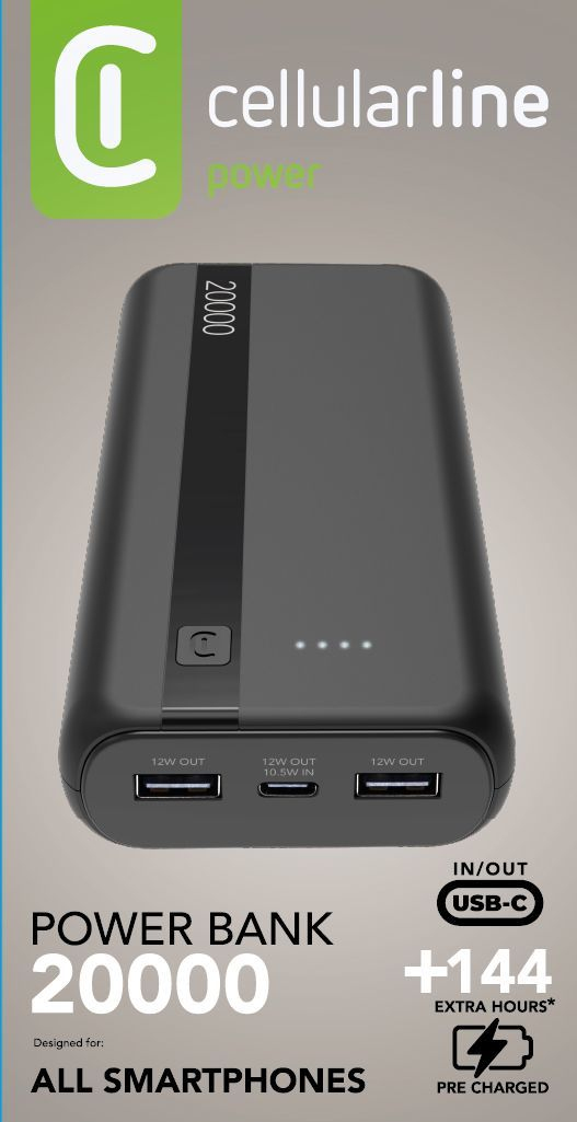Power bank negra Cellularline 20000 con puertos USB-C e indicador de carga.