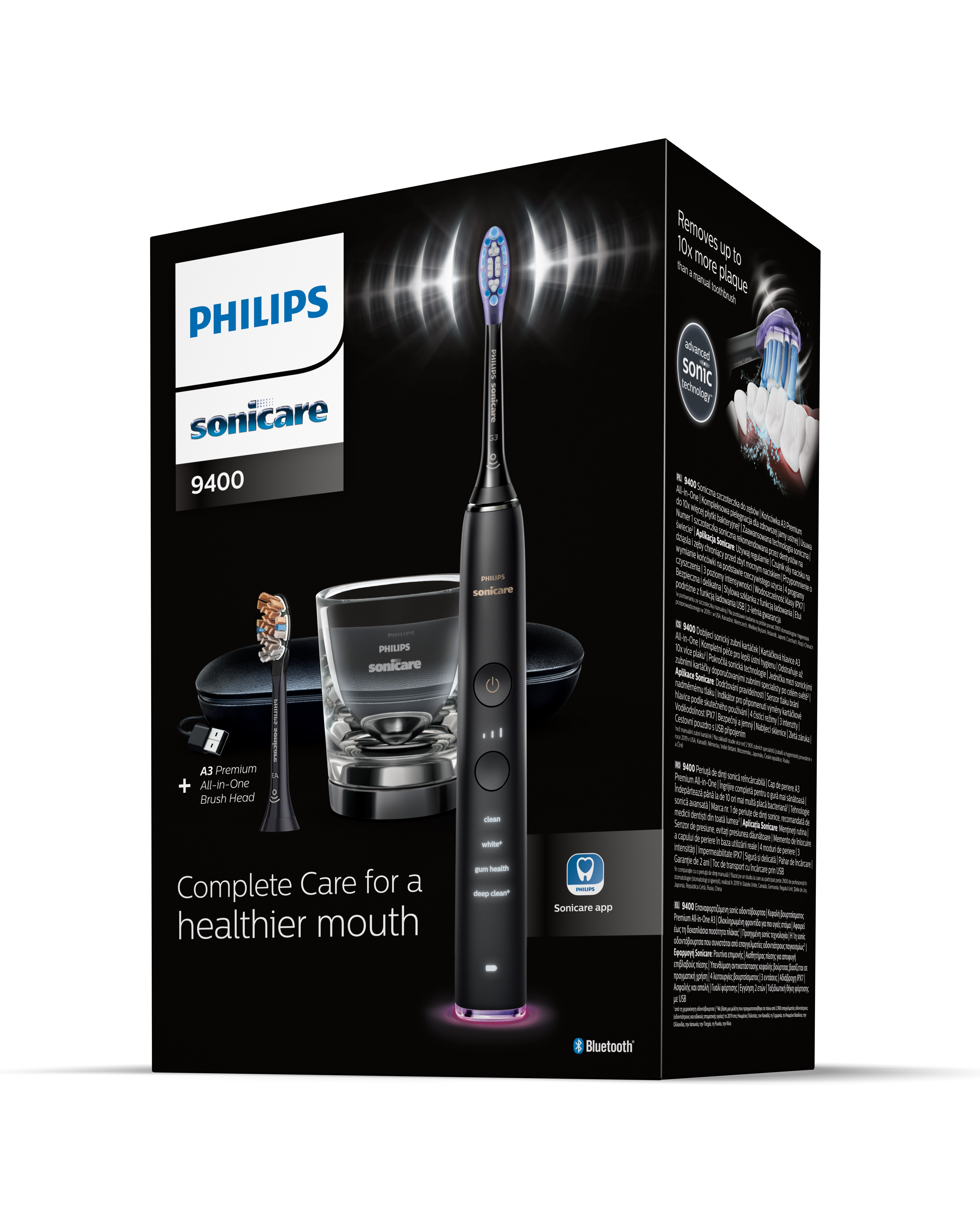 Opakowanie elektrycznej szczoteczki do zębów Philips Sonicare z akcesoriami i informacjami.