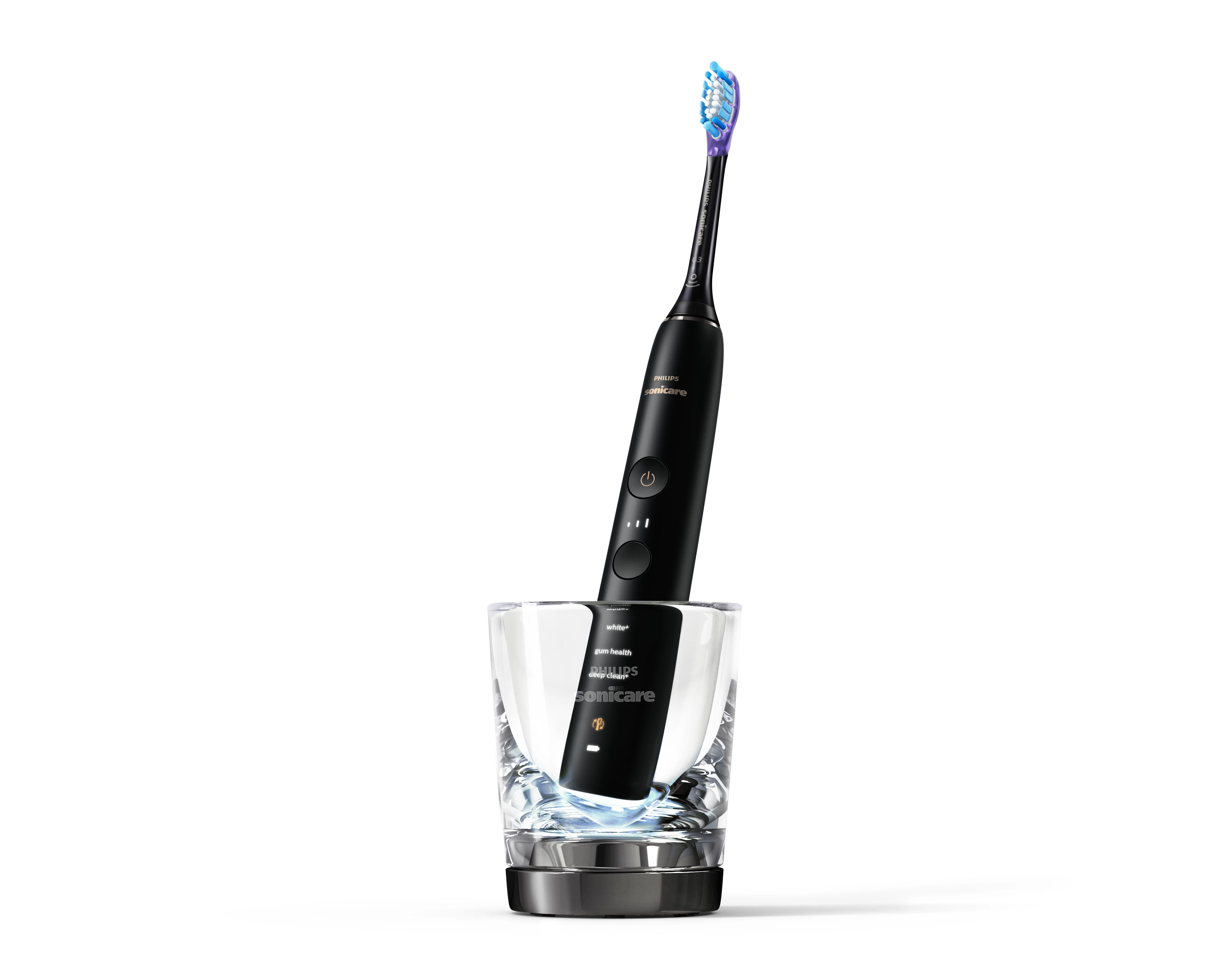 Czarna szczoteczka Philips Sonicare w przezroczystym uchwycie szklanym z niebieskim światłem.