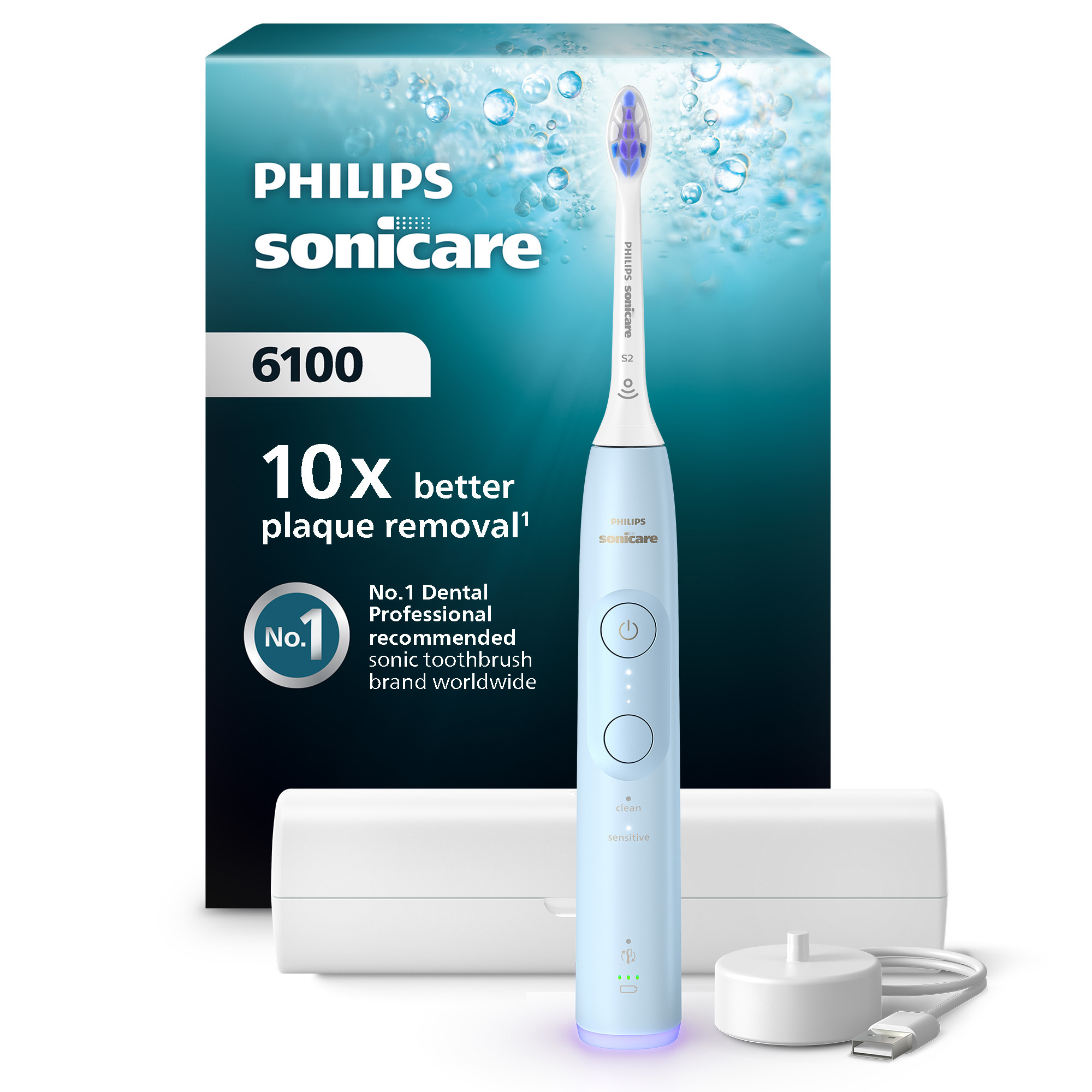 Jasnoniebieska szczoteczka Philips Sonicare z etui i kablem.