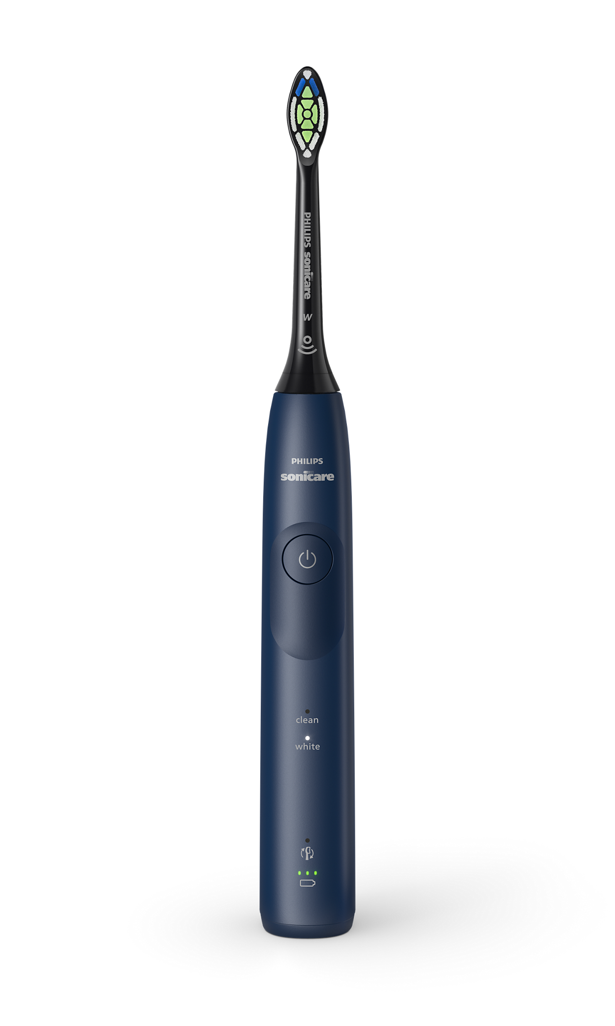 Granatowa szczoteczka elektryczna z białym przyciskiem i wskaźnikami ładowania.