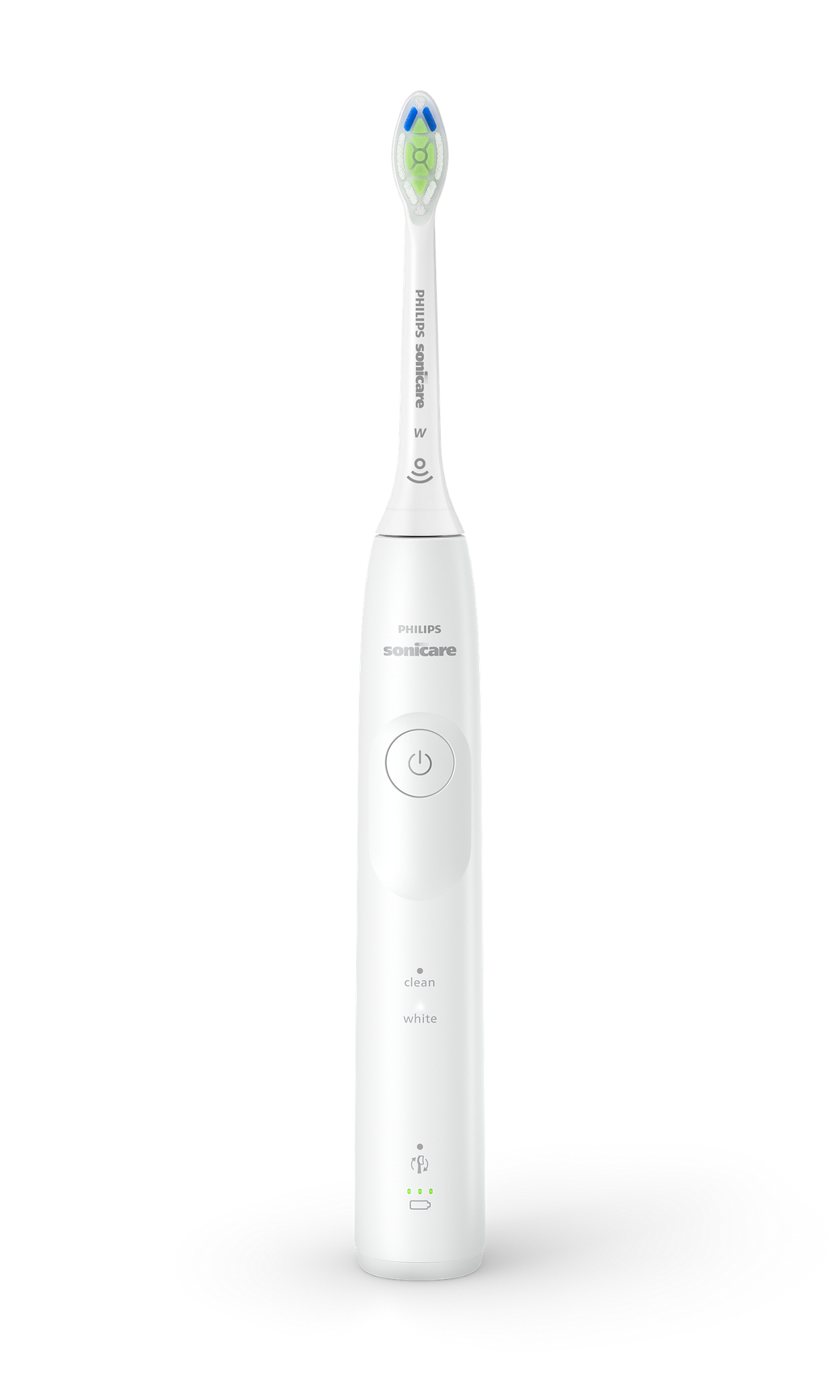 Biała szczoteczka elektryczna Philips Sonicare ze wskaźnikami ładowania.