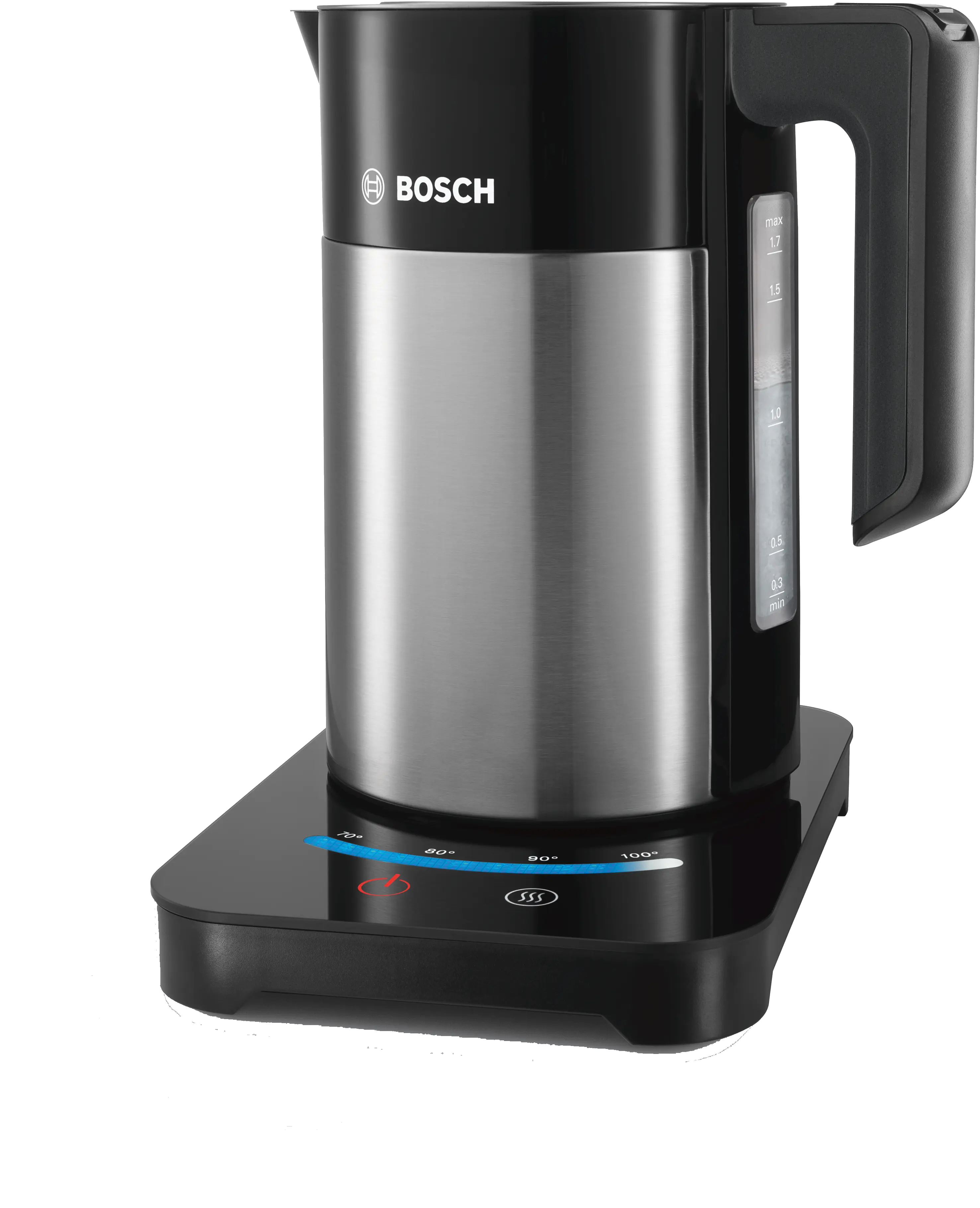 Czajnik Bosch czarno-srebrny na czarnej podstawie ze wskaźnikami temperatury.