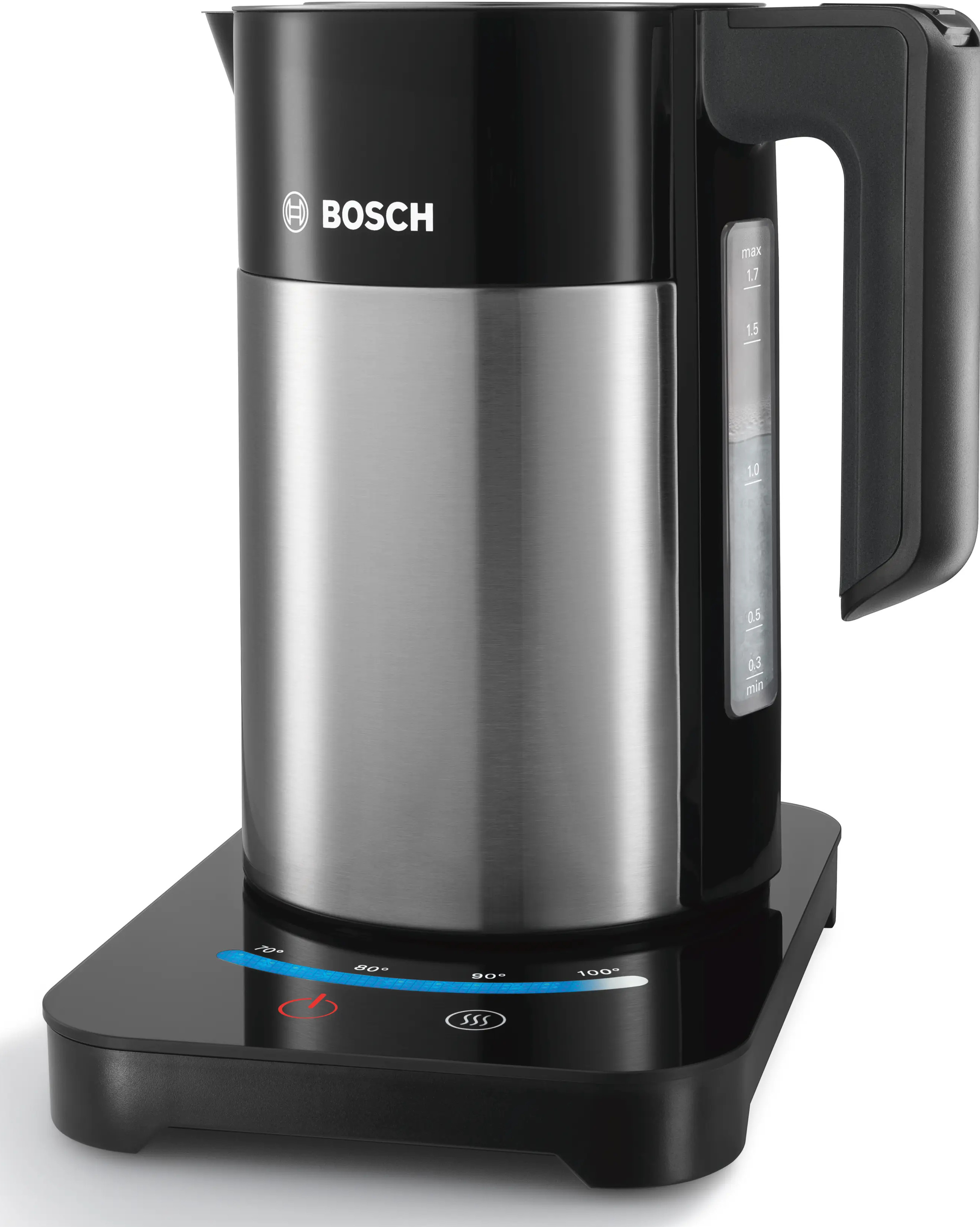 Czajnik Bosch z metalową obudową i czarnym uchwytem na czarnej podstawie.