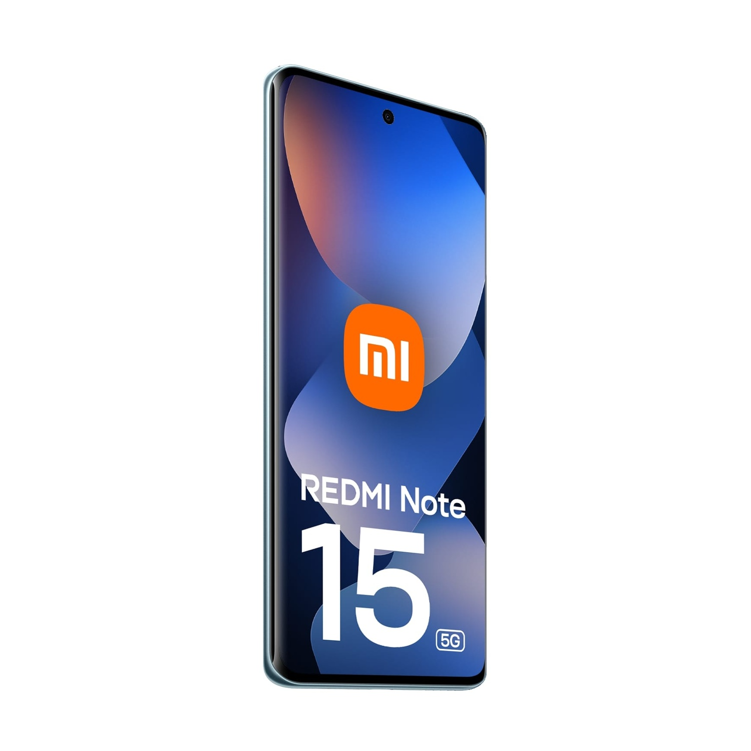 Uno smartphone Xiaomi Redmi Note 15 5G azzurro con logo arancione.