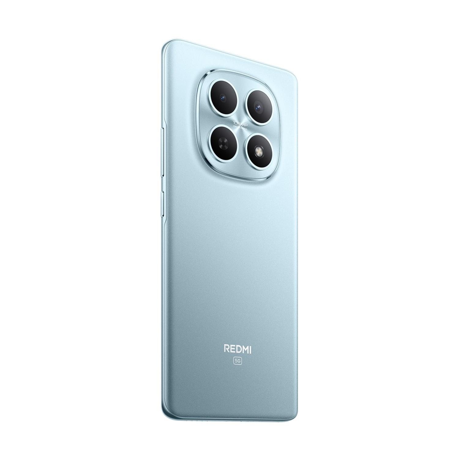 Uno smartphone azzurro con quattro fotocamere posteriori e logo REDMI 5G.