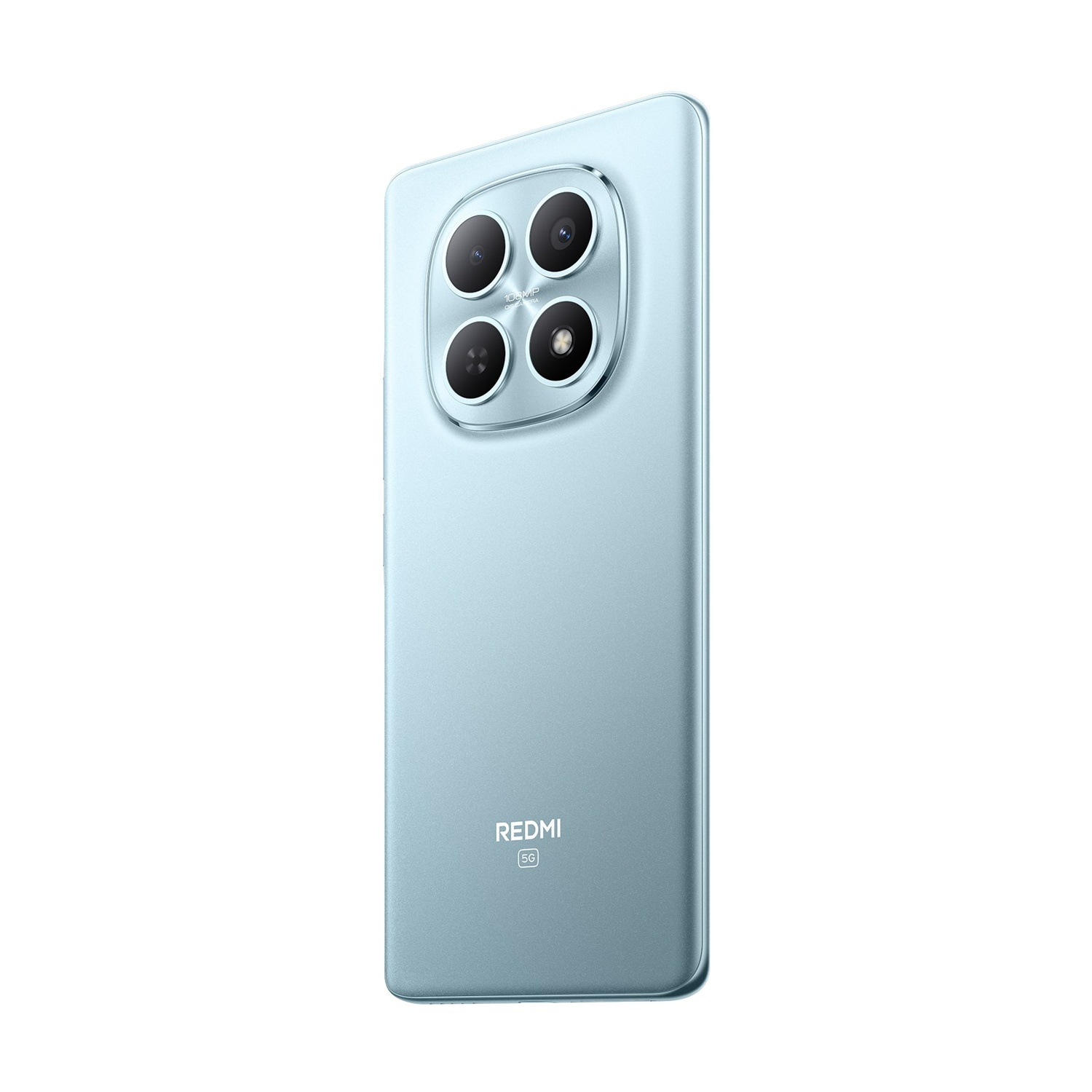 Uno smartphone azzurro con quadrupla fotocamera e logo Redmi 5G.