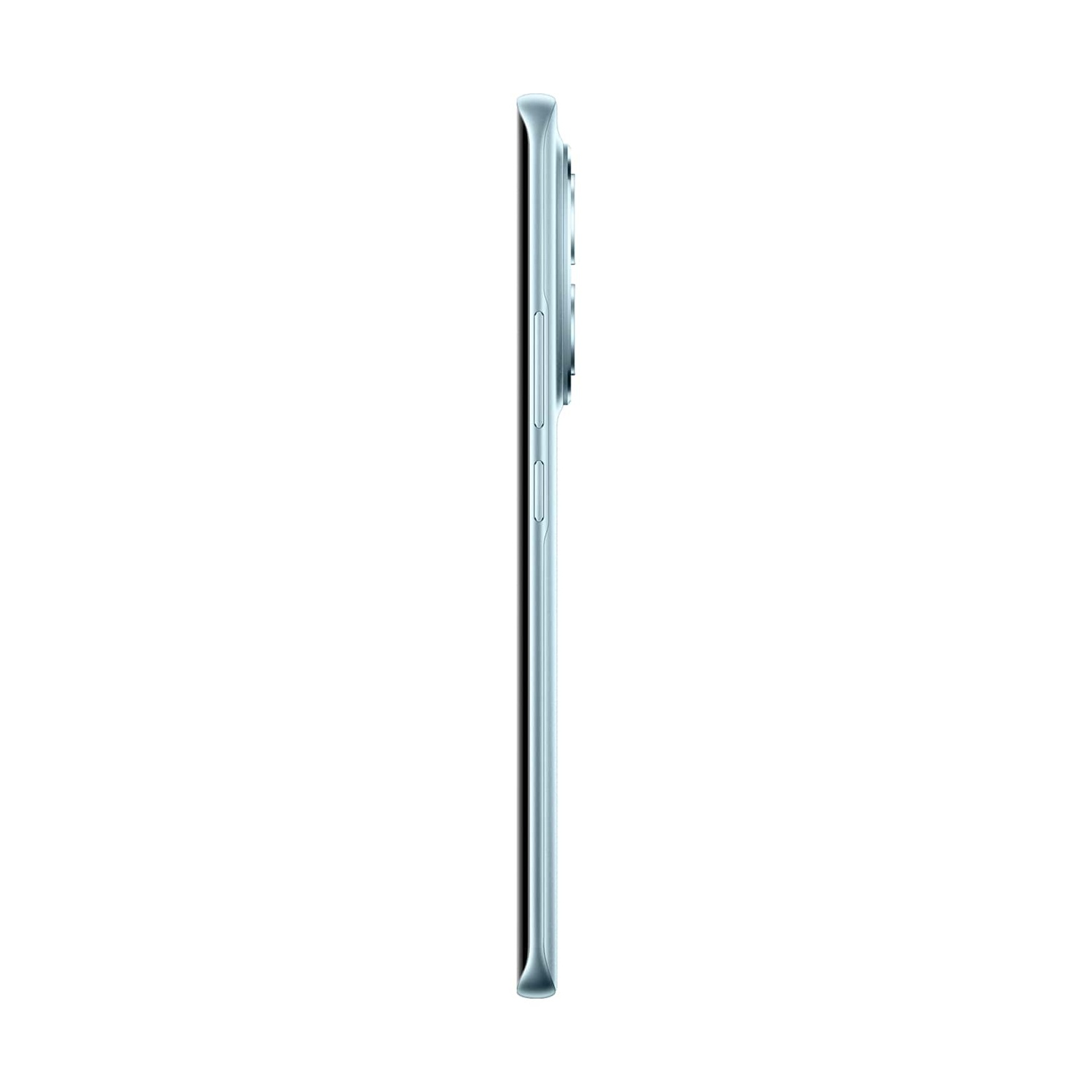 Uno smartphone azzurro visto di profilo su sfondo bianco.
