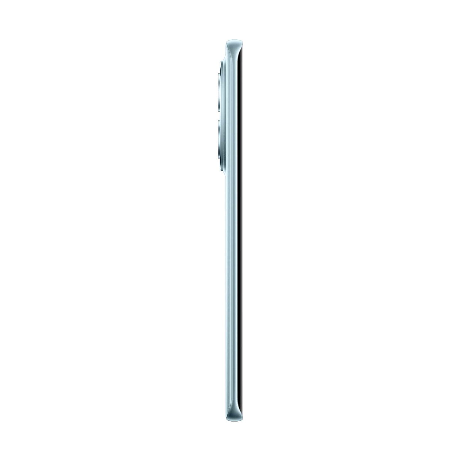 Uno smartphone azzurro di profilo su sfondo bianco.