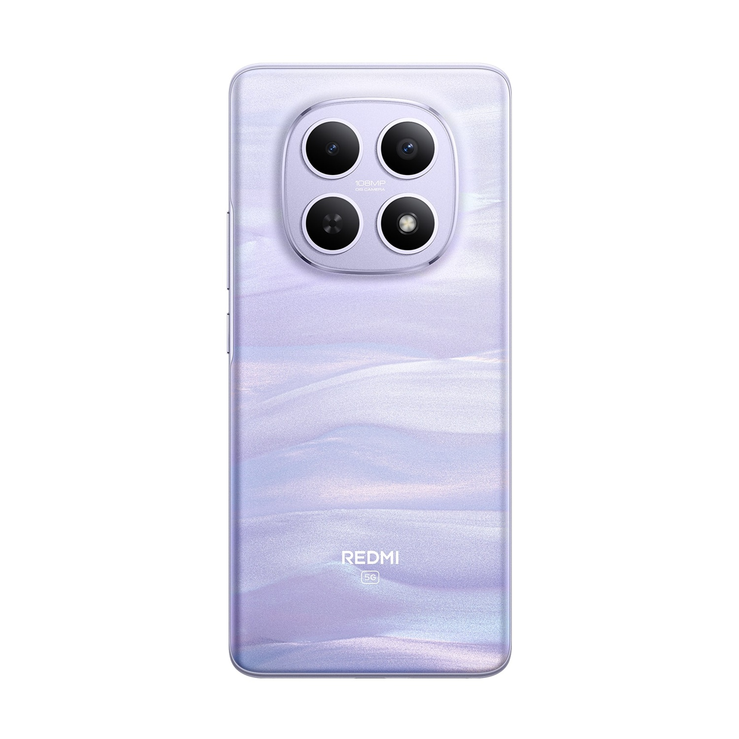 Retro di uno smartphone viola con quattro fotocamere e logo "REDMI 5G".