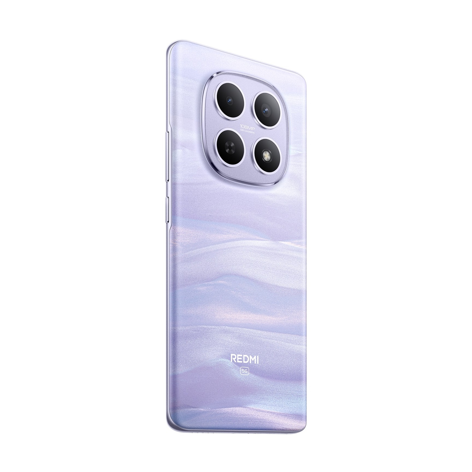 Smartphone viola con quattro fotocamere posteriori, su sfondo bianco.