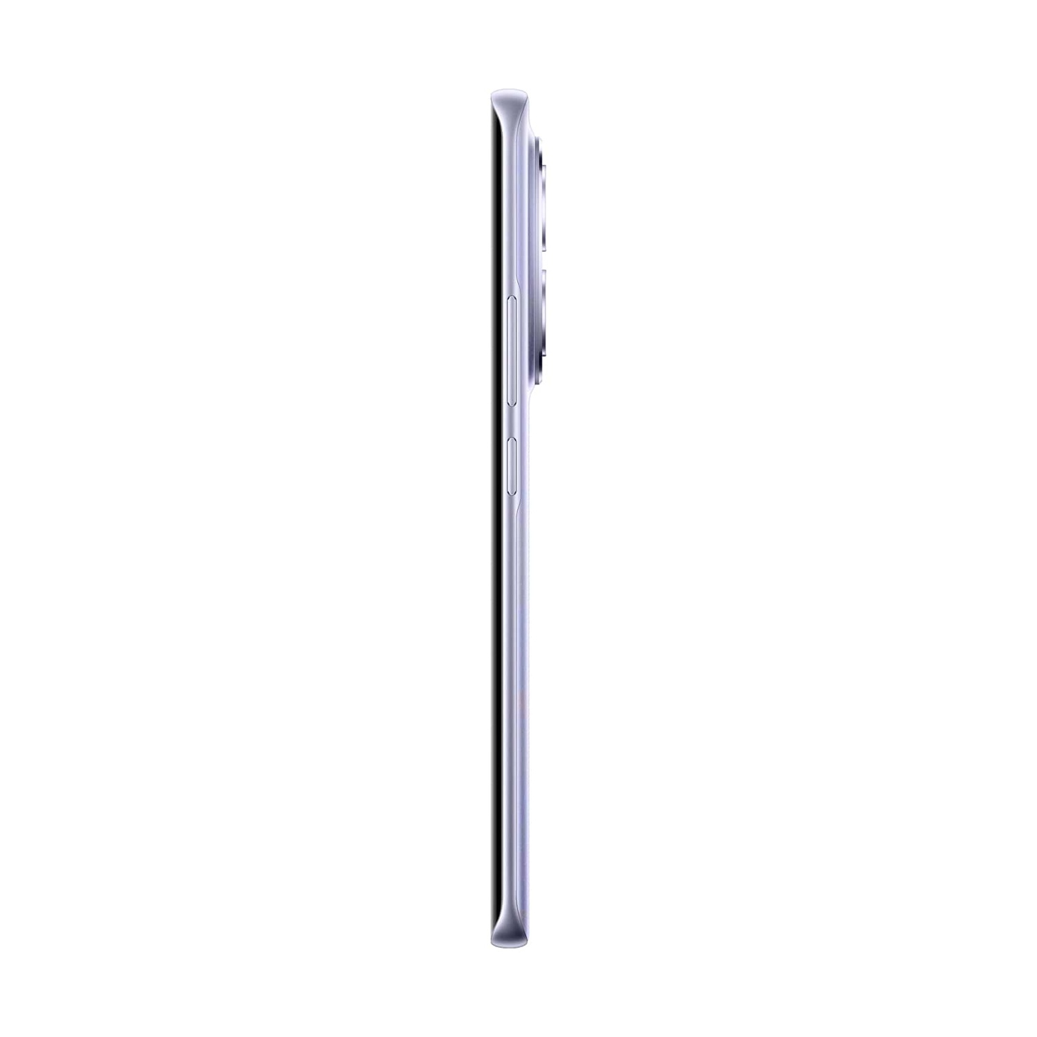 Uno smartphone viola, visto di lato su sfondo bianco.